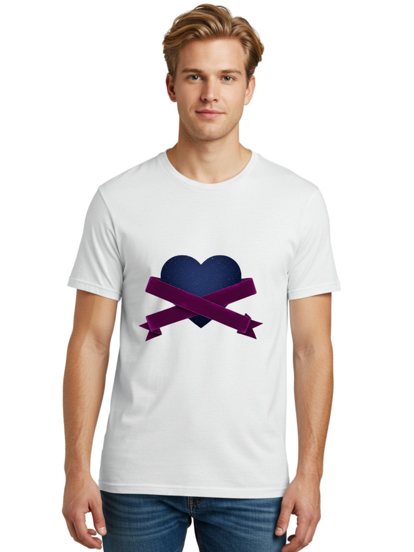 Dark-Heart-With-Ribbon Men'S Graphic Tee, 100% Cotton, Comfortable Casual Summer Wear, Machine Washable, Dark Heart, Purple Ribbon, Heart Shape, Velvet Texture, Symbol Of Love, Mourning Symbol, Grunge Style, Edgy Aesthetic, Dark Romance Bae173 28
