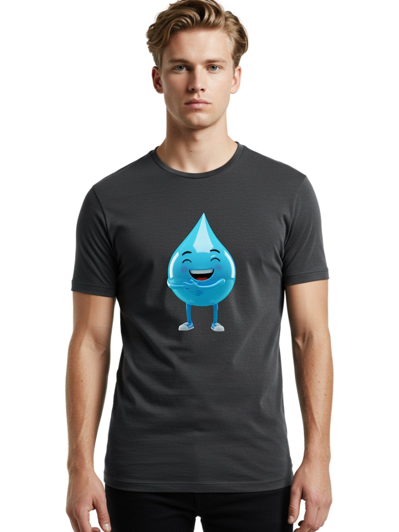 Droplet-Character Men'S Graphic Tee, 100% Cotton, Comfortable Casual Summer Wear, Machine Washable, Water Droplet Character, Happy Face, Smiling Water Drop, Blue Water, Water Conservation, Hydration, Winking Character, Playful Graphic, Bae175 30
