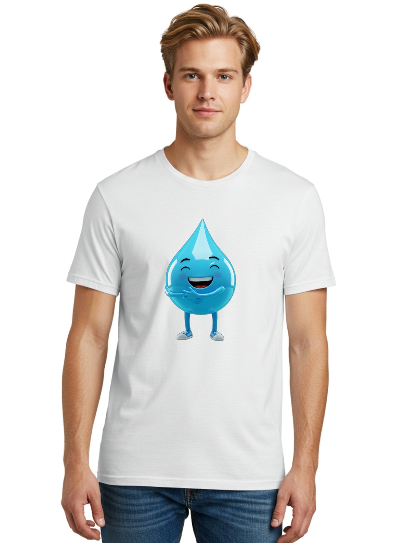 Droplet-Character Men'S Graphic Tee, 100% Cotton, Comfortable Casual Summer Wear, Machine Washable, Water Droplet Character, Happy Face, Smiling Water Drop, Blue Water, Water Conservation, Hydration, Winking Character, Playful Graphic, Bae175 24