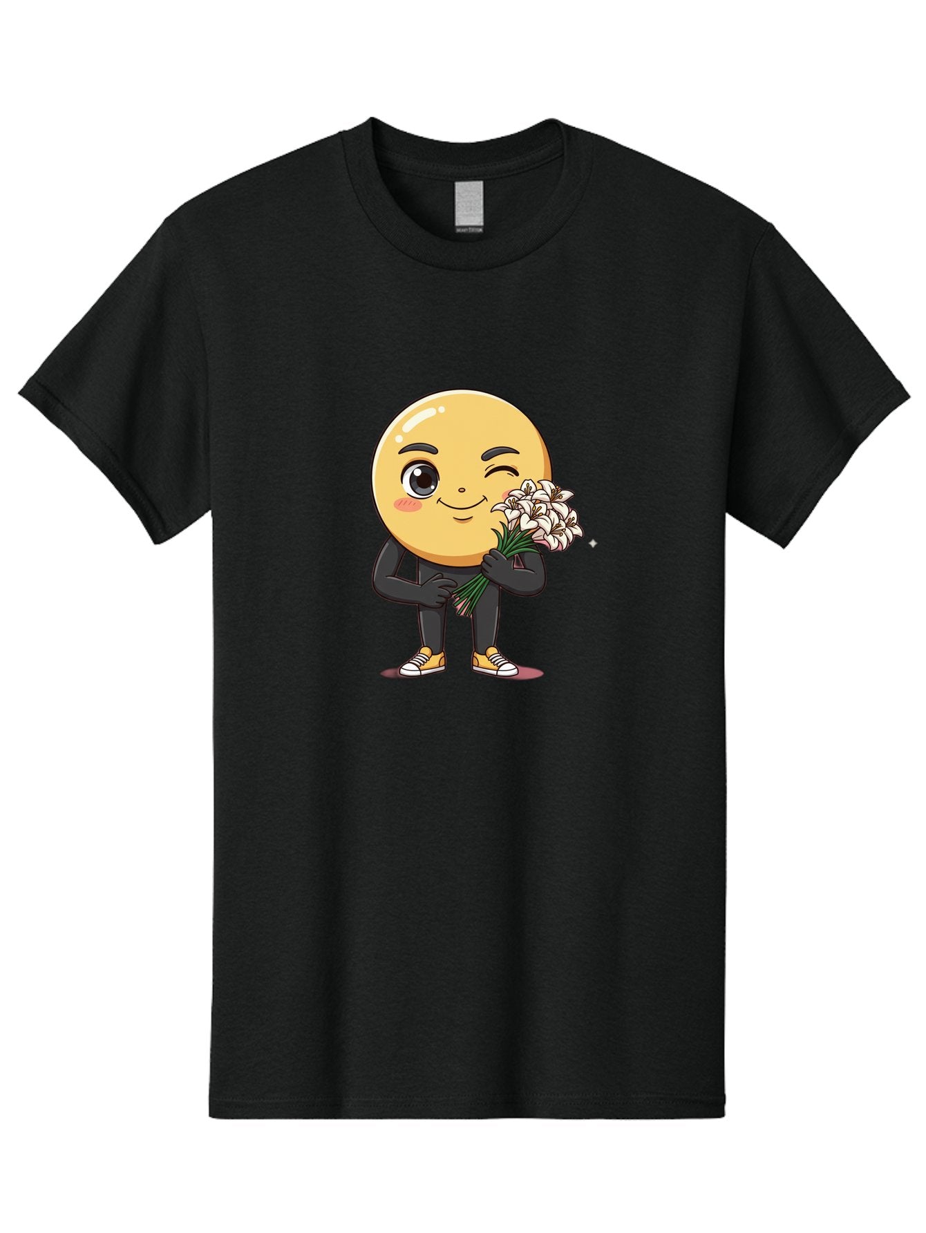 Eggplant-Emoji Men'S Graphic Tee, 100% Cotton, Comfortable Casual Summer Wear, Machine Washable, Happy Face, Cartoon Character, Holding Flowers, Smiley Emoticon, Winking Face, Cute Illustration, White Flowers, Black Outfit, Smiling Face, Bae176 3