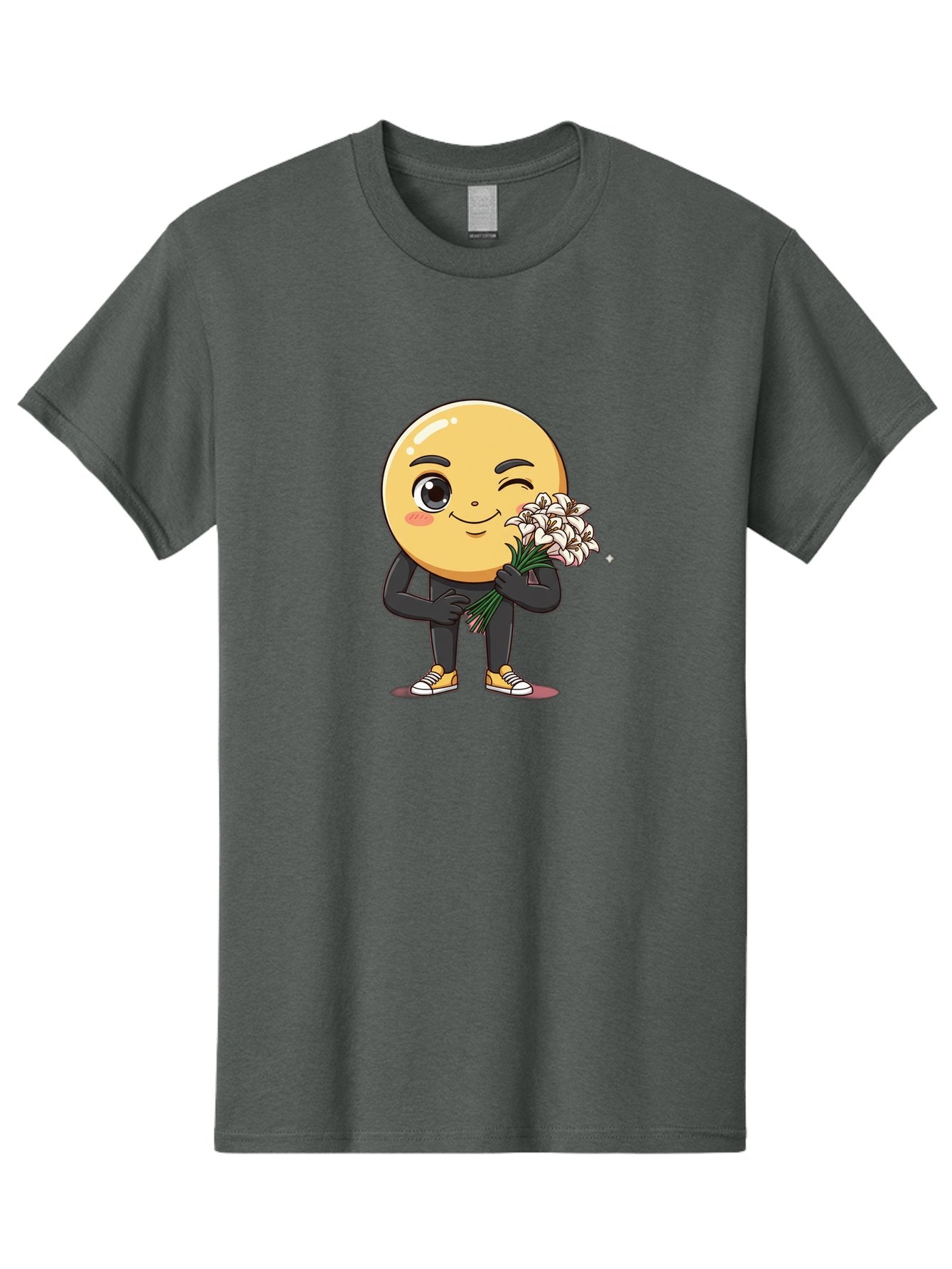 Eggplant-Emoji Men'S Graphic Tee, 100% Cotton, Comfortable Casual Summer Wear, Machine Washable, Happy Face, Cartoon Character, Holding Flowers, Smiley Emoticon, Winking Face, Cute Illustration, White Flowers, Black Outfit, Smiling Face, Bae176 14