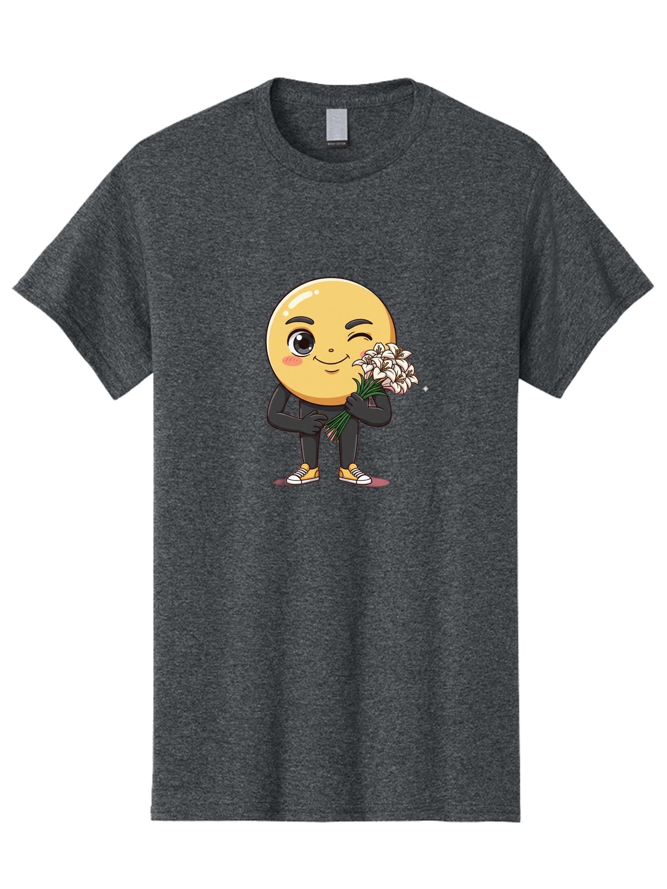Eggplant-Emoji Men'S Graphic Tee, 100% Cotton, Comfortable Casual Summer Wear, Machine Washable, Happy Face, Cartoon Character, Holding Flowers, Smiley Emoticon, Winking Face, Cute Illustration, White Flowers, Black Outfit, Smiling Face, Bae176 7
