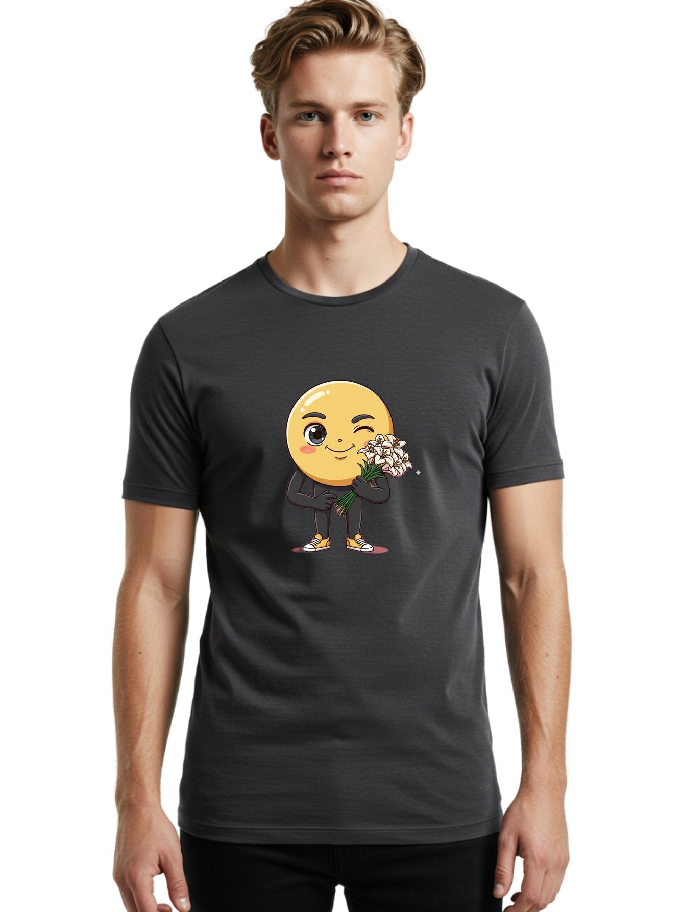 Eggplant-Emoji Men'S Graphic Tee, 100% Cotton, Comfortable Casual Summer Wear, Machine Washable, Happy Face, Cartoon Character, Holding Flowers, Smiley Emoticon, Winking Face, Cute Illustration, White Flowers, Black Outfit, Smiling Face, Bae176 16