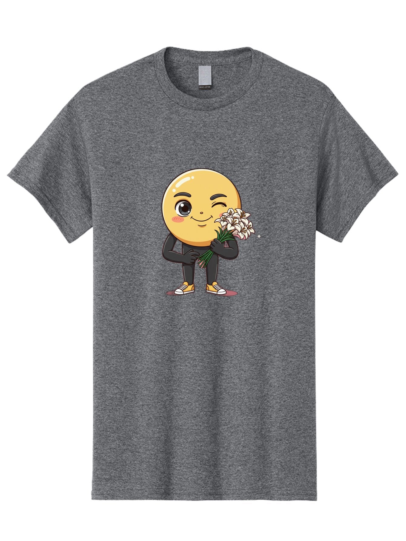 Eggplant-Emoji Men'S Graphic Tee, 100% Cotton, Comfortable Casual Summer Wear, Machine Washable, Happy Face, Cartoon Character, Holding Flowers, Smiley Emoticon, Winking Face, Cute Illustration, White Flowers, Black Outfit, Smiling Face, Bae176 8