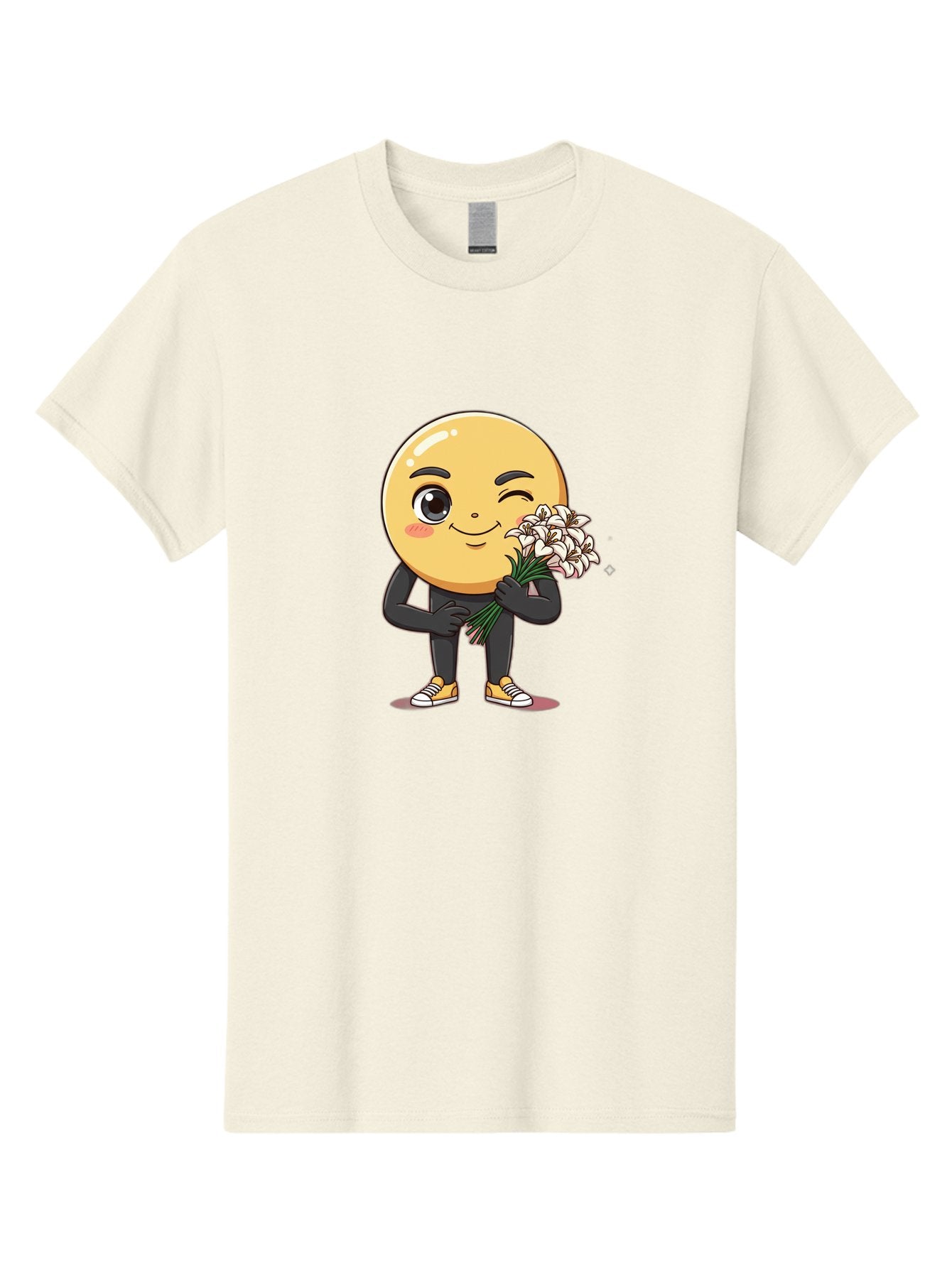 Eggplant-Emoji Men'S Graphic Tee, 100% Cotton, Comfortable Casual Summer Wear, Machine Washable, Happy Face, Cartoon Character, Holding Flowers, Smiley Emoticon, Winking Face, Cute Illustration, White Flowers, Black Outfit, Smiling Face, Bae176 15