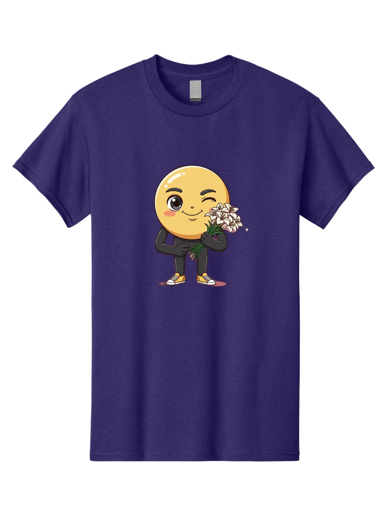 Eggplant-Emoji Men'S Graphic Tee, 100% Cotton, Comfortable Casual Summer Wear, Machine Washable, Happy Face, Cartoon Character, Holding Flowers, Smiley Emoticon, Winking Face, Cute Illustration, White Flowers, Black Outfit, Smiling Face, Bae176 10