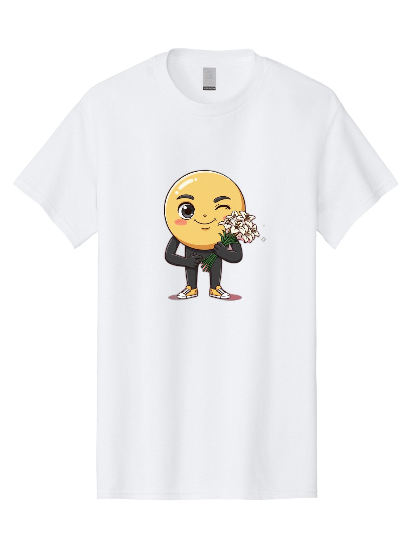 Eggplant-Emoji Men'S Graphic Tee, 100% Cotton, Comfortable Casual Summer Wear, Machine Washable, Happy Face, Cartoon Character, Holding Flowers, Smiley Emoticon, Winking Face, Cute Illustration, White Flowers, Black Outfit, Smiling Face, Bae176 13
