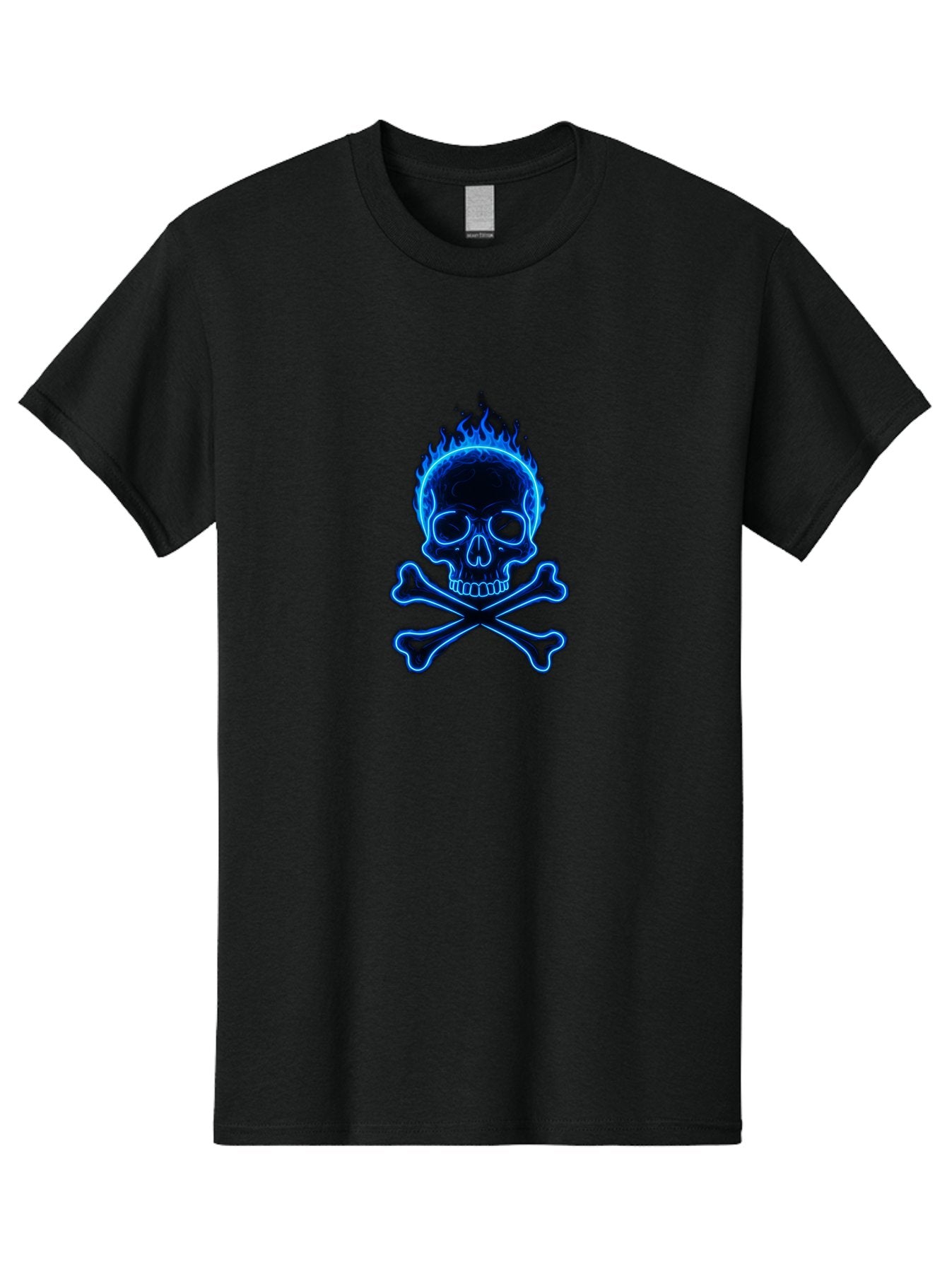 Flaming-Skull-And-Crossbones Men'S Graphic Tee, 100% Cotton, Comfortable Casual Summer Wear, Machine Washable, Skull And Crossbones, Danger Symbol, Death Sign, Pirate Flag, Toxic Warning, Hazardous Materials, Neon Effect, Glowing Blue, Bae177 8