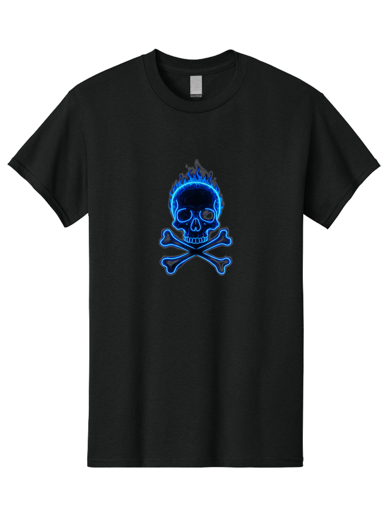 Flaming-Skull-And-Crossbones Men'S Graphic Tee, 100% Cotton, Comfortable Casual Summer Wear, Machine Washable, Skull And Crossbones, Danger Symbol, Death Sign, Pirate Flag, Toxic Warning, Hazardous Materials, Neon Effect, Glowing Blue, Bae177 6