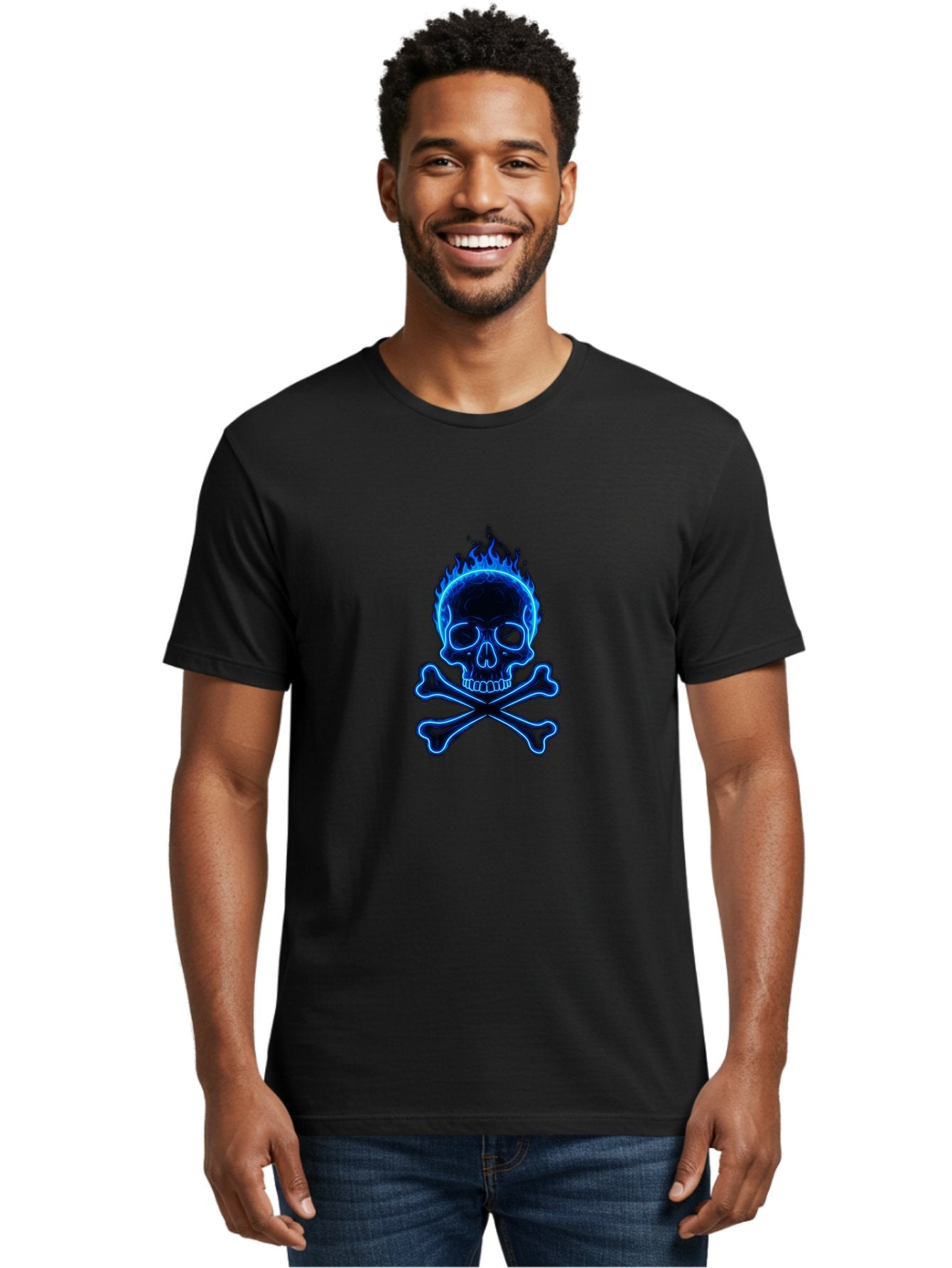 Flaming-Skull-And-Crossbones Men'S Graphic Tee, 100% Cotton, Comfortable Casual Summer Wear, Machine Washable, Skull And Crossbones, Danger Symbol, Death Sign, Pirate Flag, Toxic Warning, Hazardous Materials, Neon Effect, Glowing Blue, Bae177 25