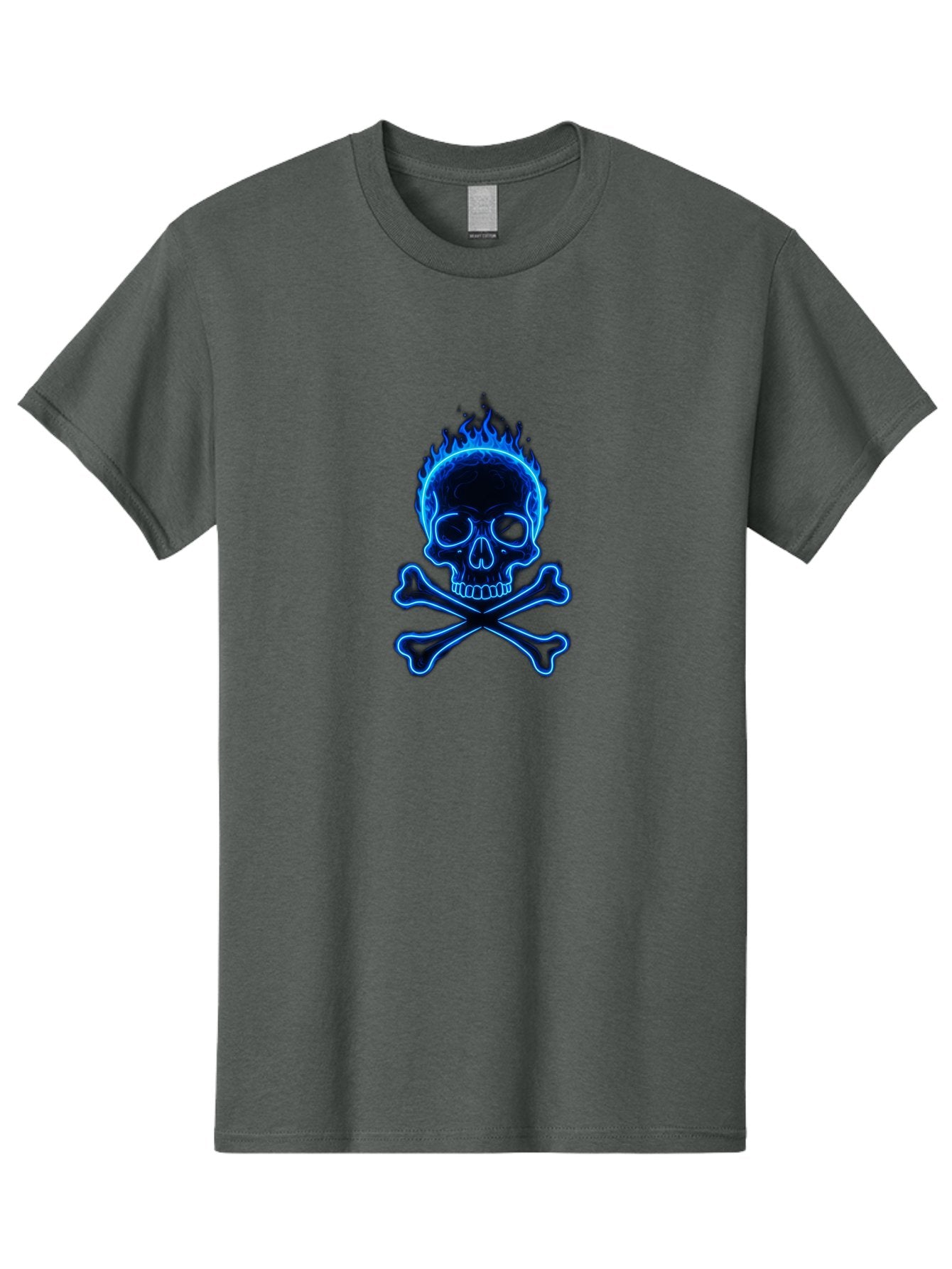 Flaming-Skull-And-Crossbones Men'S Graphic Tee, 100% Cotton, Comfortable Casual Summer Wear, Machine Washable, Skull And Crossbones, Danger Symbol, Death Sign, Pirate Flag, Toxic Warning, Hazardous Materials, Neon Effect, Glowing Blue, Bae177 9