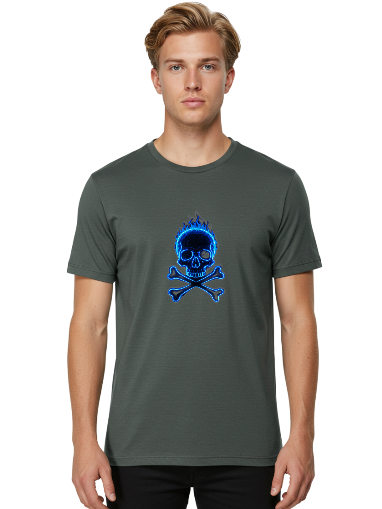 Flaming-Skull-And-Crossbones Men'S Graphic Tee, 100% Cotton, Comfortable Casual Summer Wear, Machine Washable, Skull And Crossbones, Danger Symbol, Death Sign, Pirate Flag, Toxic Warning, Hazardous Materials, Neon Effect, Glowing Blue, Bae177 20