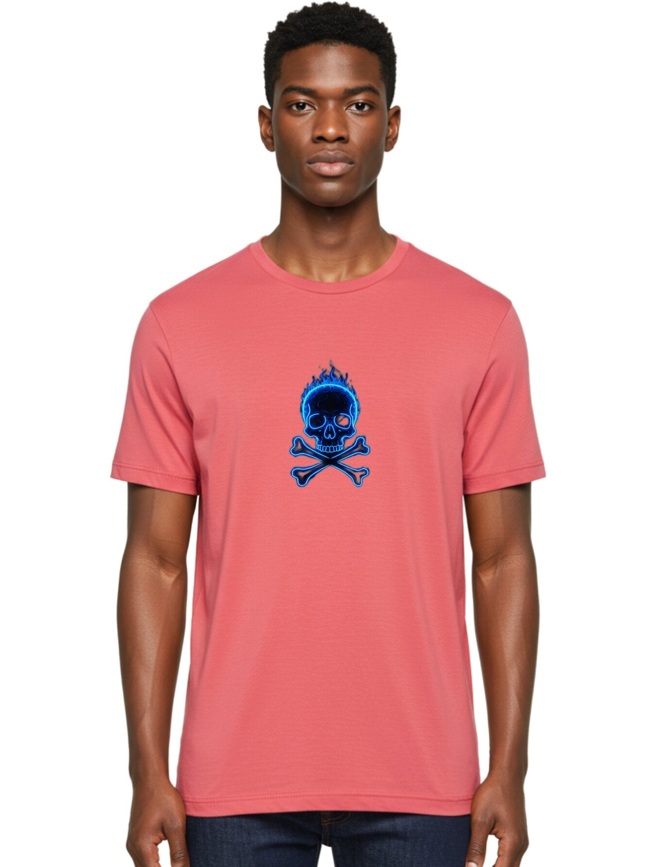 Flaming-Skull-And-Crossbones Men'S Graphic Tee, 100% Cotton, Comfortable Casual Summer Wear, Machine Washable, Skull And Crossbones, Danger Symbol, Death Sign, Pirate Flag, Toxic Warning, Hazardous Materials, Neon Effect, Glowing Blue, Bae177 20