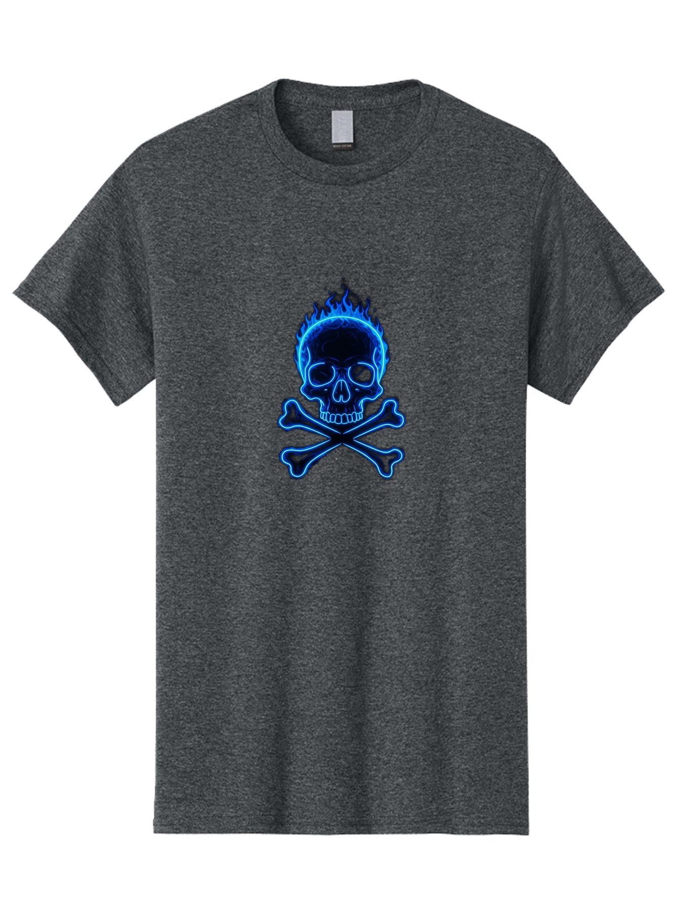 Flaming-Skull-And-Crossbones Men'S Graphic Tee, 100% Cotton, Comfortable Casual Summer Wear, Machine Washable, Skull And Crossbones, Danger Symbol, Death Sign, Pirate Flag, Toxic Warning, Hazardous Materials, Neon Effect, Glowing Blue, Bae177 4