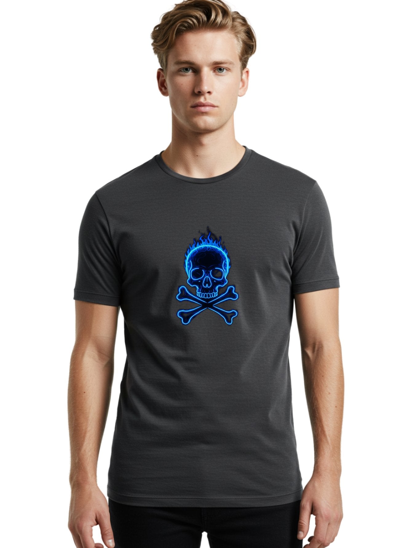 Flaming-Skull-And-Crossbones Men'S Graphic Tee, 100% Cotton, Comfortable Casual Summer Wear, Machine Washable, Skull And Crossbones, Danger Symbol, Death Sign, Pirate Flag, Toxic Warning, Hazardous Materials, Neon Effect, Glowing Blue, Bae177 18