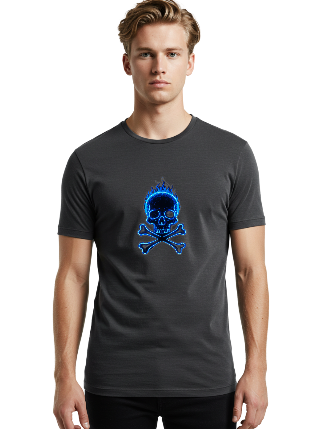 Flaming-Skull-And-Crossbones Men'S Graphic Tee, 100% Cotton, Comfortable Casual Summer Wear, Machine Washable, Skull And Crossbones, Danger Symbol, Death Sign, Pirate Flag, Toxic Warning, Hazardous Materials, Neon Effect, Glowing Blue, Bae177 27