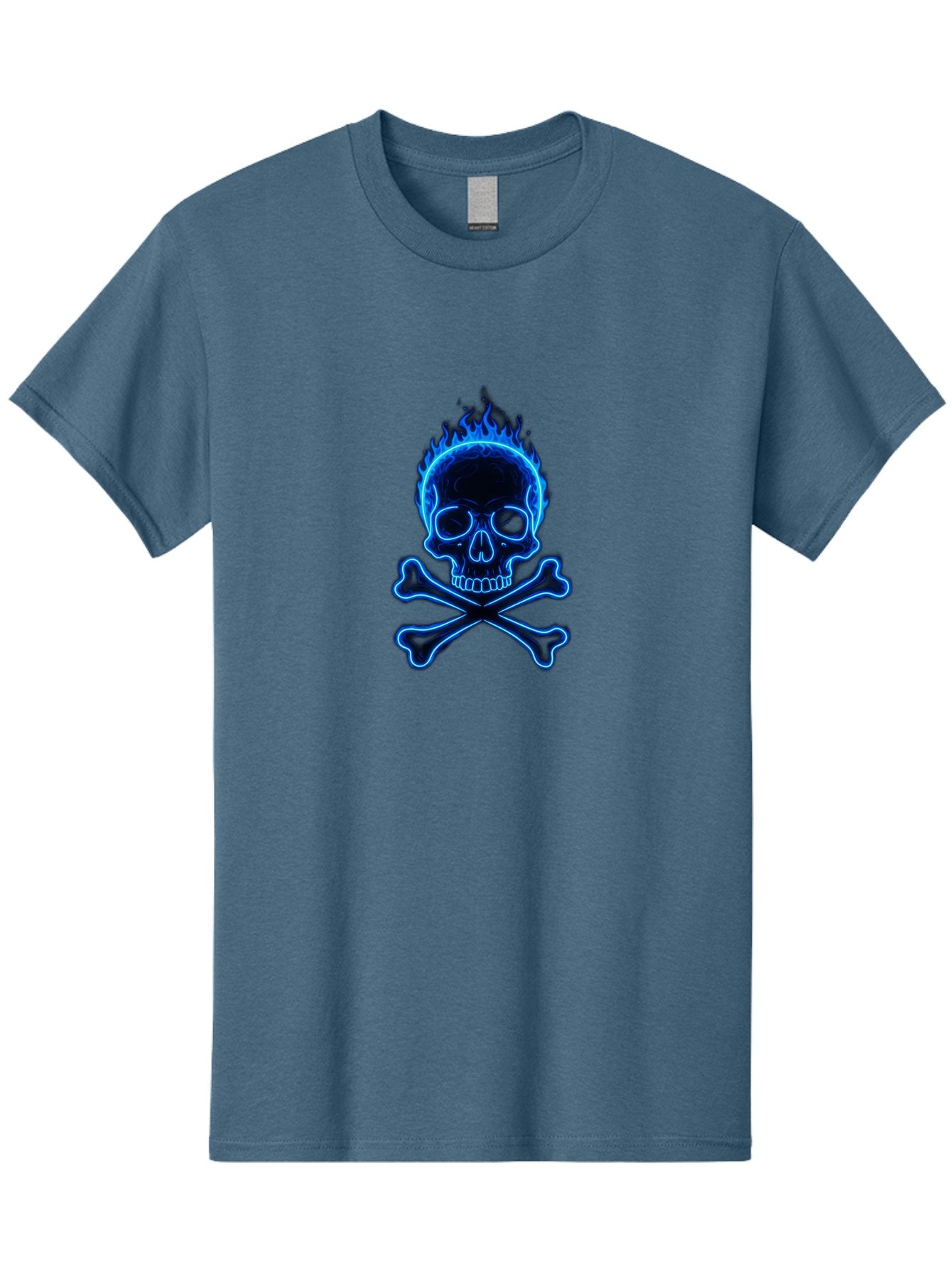 Flaming-Skull-And-Crossbones Men'S Graphic Tee, 100% Cotton, Comfortable Casual Summer Wear, Machine Washable, Skull And Crossbones, Danger Symbol, Death Sign, Pirate Flag, Toxic Warning, Hazardous Materials, Neon Effect, Glowing Blue, Bae177 12