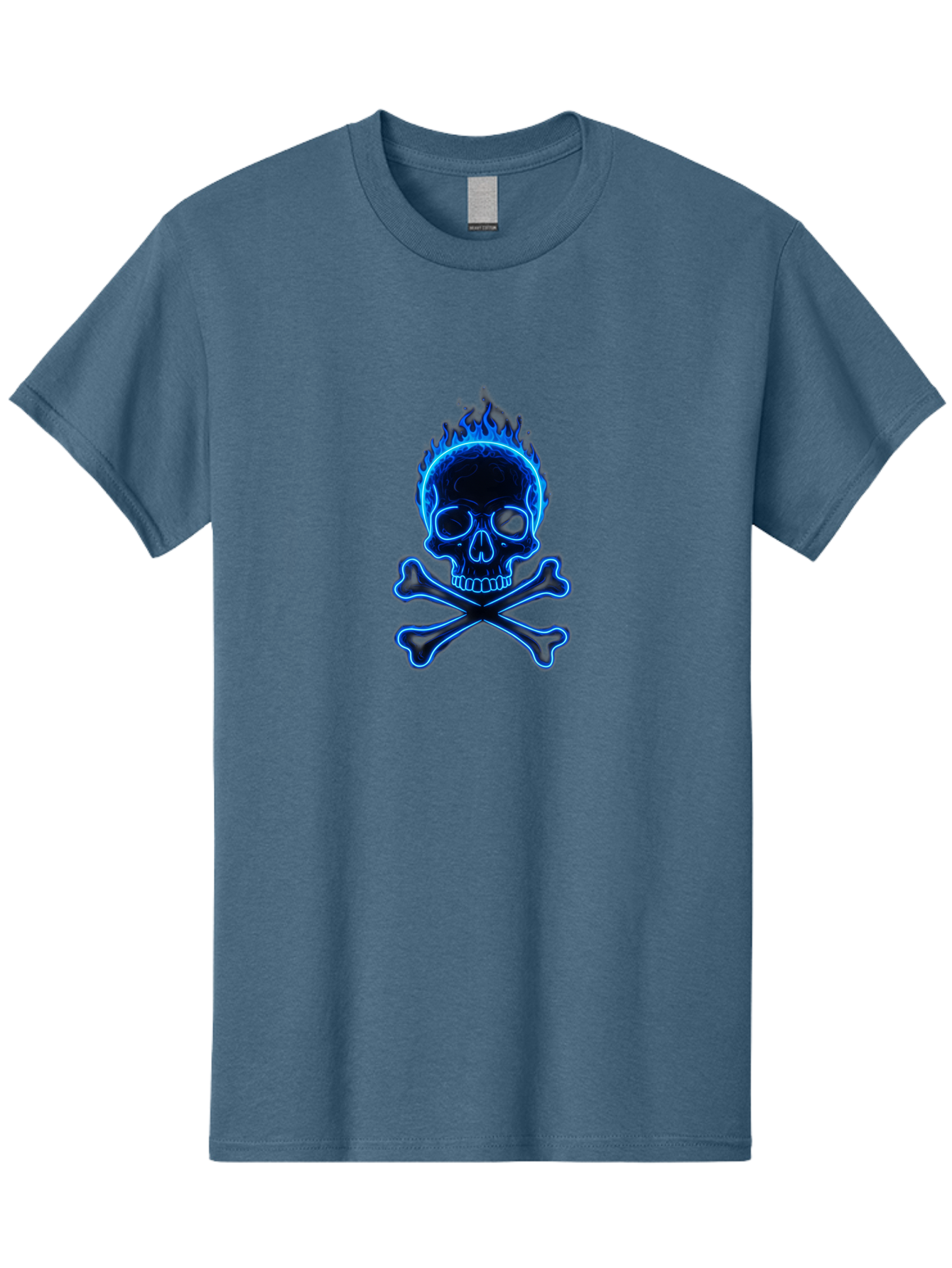 Flaming-Skull-And-Crossbones Men'S Graphic Tee, 100% Cotton, Comfortable Casual Summer Wear, Machine Washable, Skull And Crossbones, Danger Symbol, Death Sign, Pirate Flag, Toxic Warning, Hazardous Materials, Neon Effect, Glowing Blue, Bae177 3