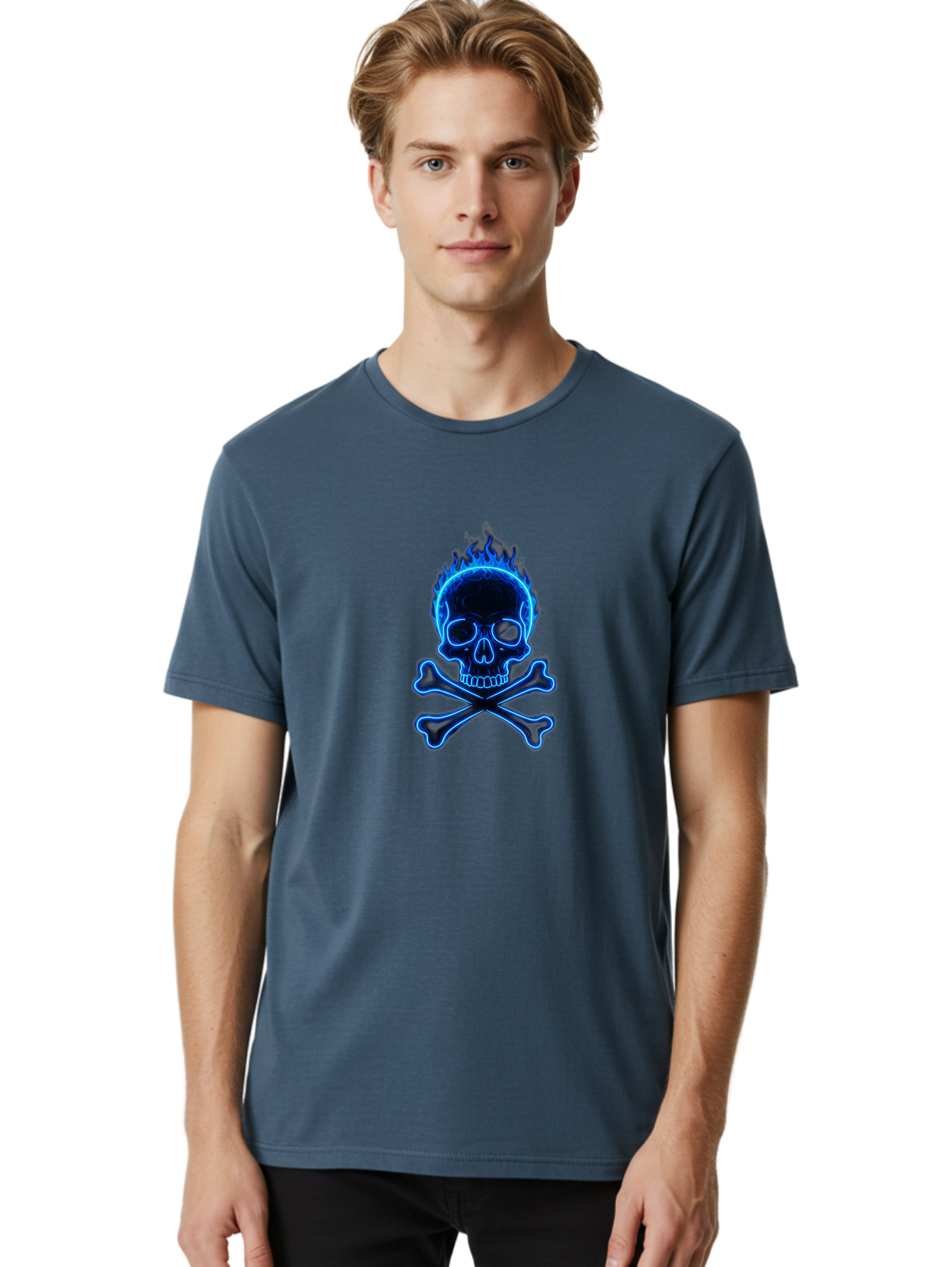 Flaming-Skull-And-Crossbones Men'S Graphic Tee, 100% Cotton, Comfortable Casual Summer Wear, Machine Washable, Skull And Crossbones, Danger Symbol, Death Sign, Pirate Flag, Toxic Warning, Hazardous Materials, Neon Effect, Glowing Blue, Bae177 18
