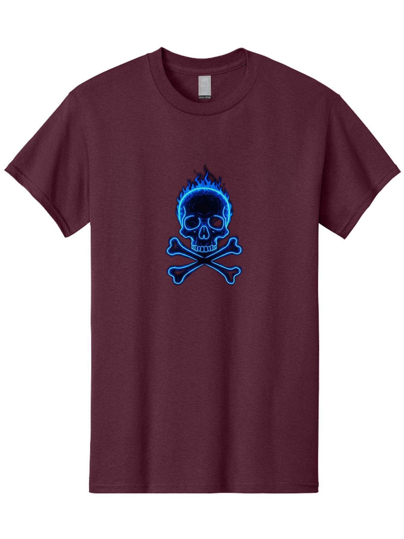 Flaming-Skull-And-Crossbones Men'S Graphic Tee, 100% Cotton, Comfortable Casual Summer Wear, Machine Washable, Skull And Crossbones, Danger Symbol, Death Sign, Pirate Flag, Toxic Warning, Hazardous Materials, Neon Effect, Glowing Blue, Bae177 5