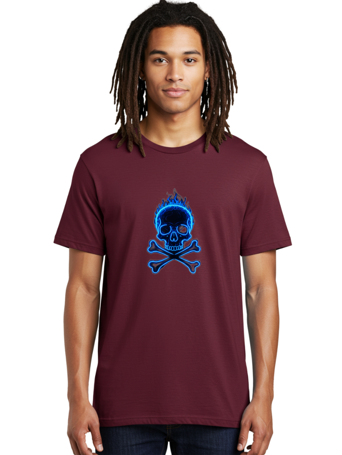 Flaming-Skull-And-Crossbones Men'S Graphic Tee, 100% Cotton, Comfortable Casual Summer Wear, Machine Washable, Skull And Crossbones, Danger Symbol, Death Sign, Pirate Flag, Toxic Warning, Hazardous Materials, Neon Effect, Glowing Blue, Bae177 23