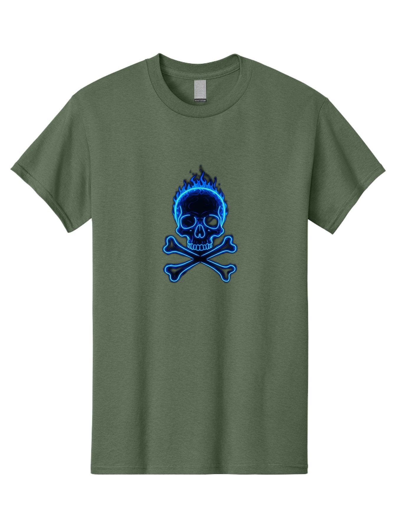 Flaming-Skull-And-Crossbones Men'S Graphic Tee, 100% Cotton, Comfortable Casual Summer Wear, Machine Washable, Skull And Crossbones, Danger Symbol, Death Sign, Pirate Flag, Toxic Warning, Hazardous Materials, Neon Effect, Glowing Blue, Bae177 14