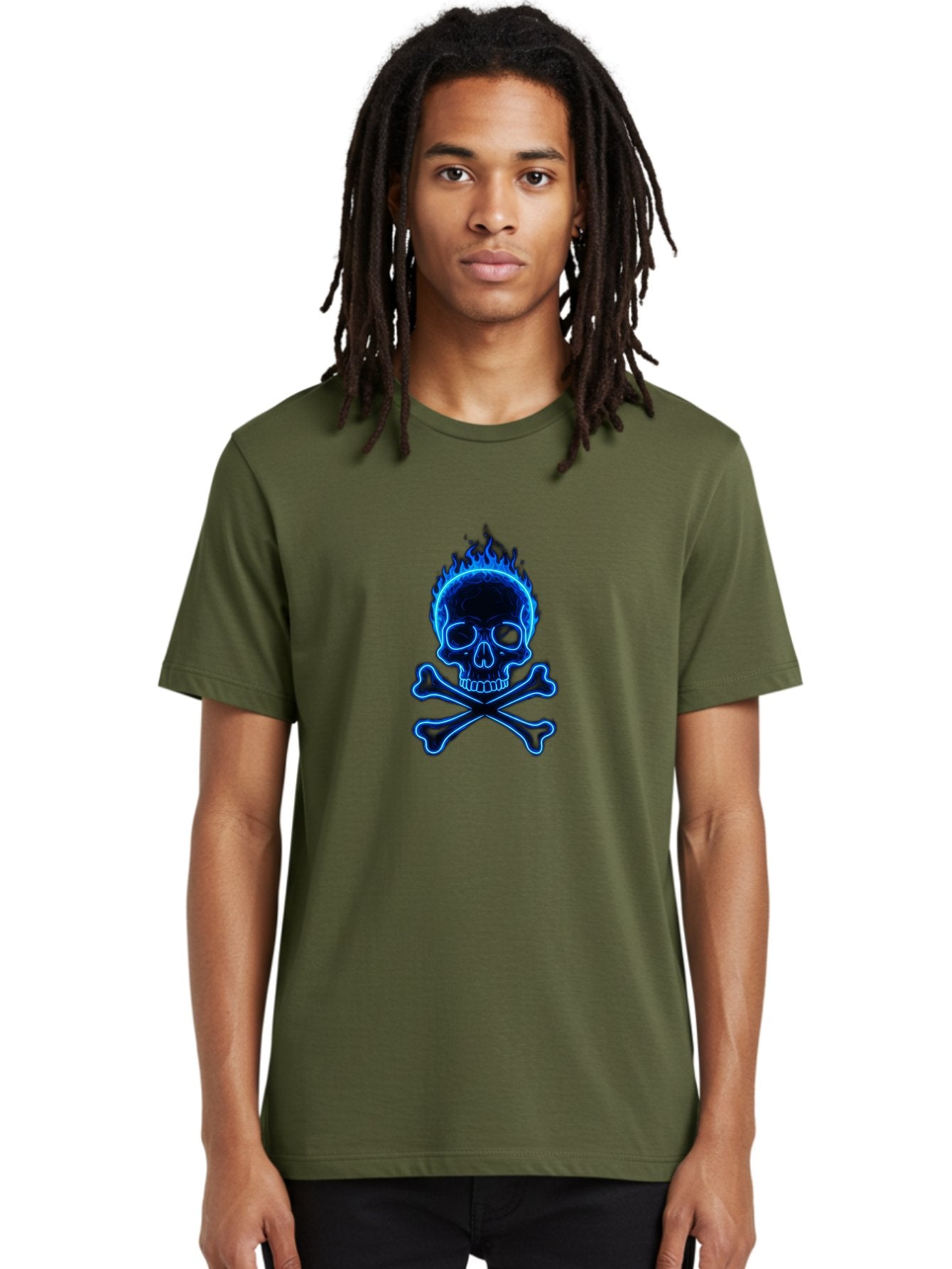 Flaming-Skull-And-Crossbones Men'S Graphic Tee, 100% Cotton, Comfortable Casual Summer Wear, Machine Washable, Skull And Crossbones, Danger Symbol, Death Sign, Pirate Flag, Toxic Warning, Hazardous Materials, Neon Effect, Glowing Blue, Bae177 29