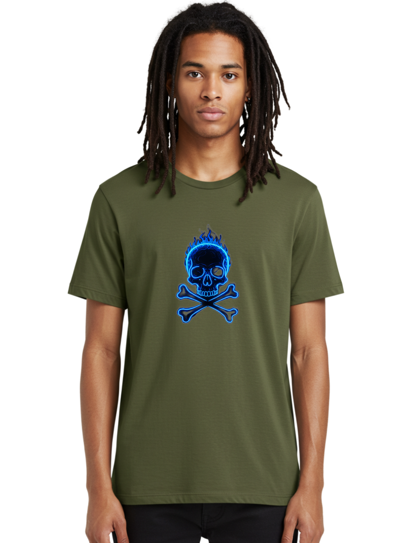 Flaming-Skull-And-Crossbones Men'S Graphic Tee, 100% Cotton, Comfortable Casual Summer Wear, Machine Washable, Skull And Crossbones, Danger Symbol, Death Sign, Pirate Flag, Toxic Warning, Hazardous Materials, Neon Effect, Glowing Blue, Bae177 17