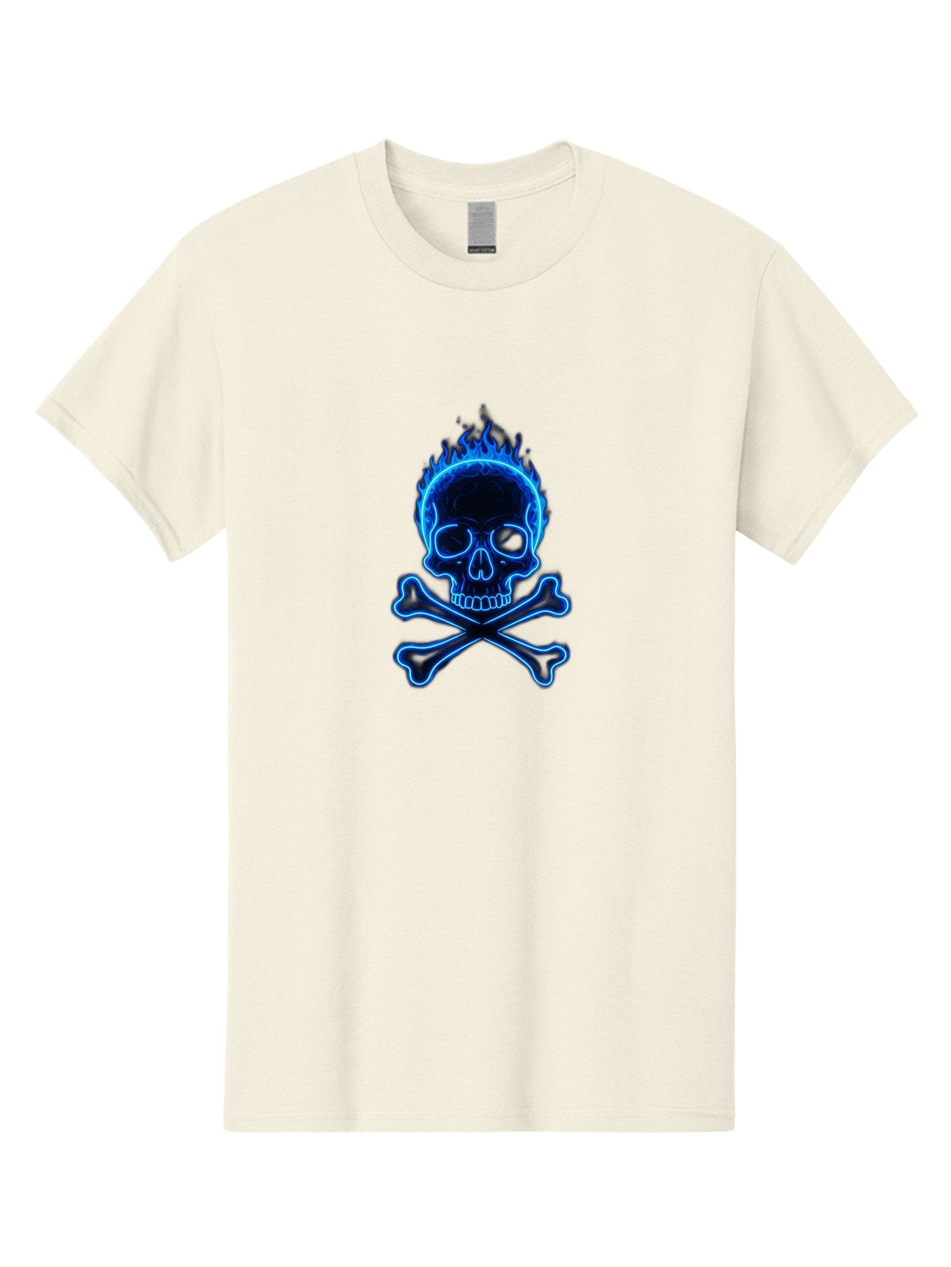 Flaming-Skull-And-Crossbones Men'S Graphic Tee, 100% Cotton, Comfortable Casual Summer Wear, Machine Washable, Skull And Crossbones, Danger Symbol, Death Sign, Pirate Flag, Toxic Warning, Hazardous Materials, Neon Effect, Glowing Blue, Bae177 11