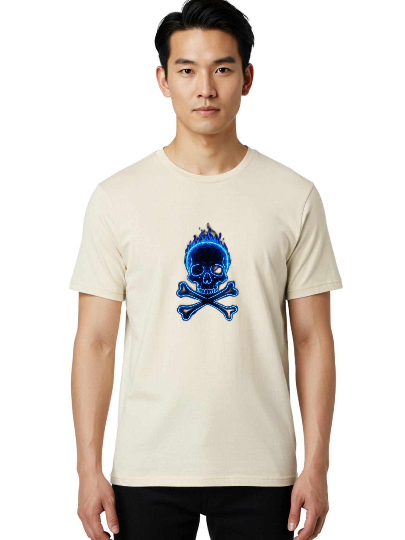 Flaming-Skull-And-Crossbones Men'S Graphic Tee, 100% Cotton, Comfortable Casual Summer Wear, Machine Washable, Skull And Crossbones, Danger Symbol, Death Sign, Pirate Flag, Toxic Warning, Hazardous Materials, Neon Effect, Glowing Blue, Bae177 27