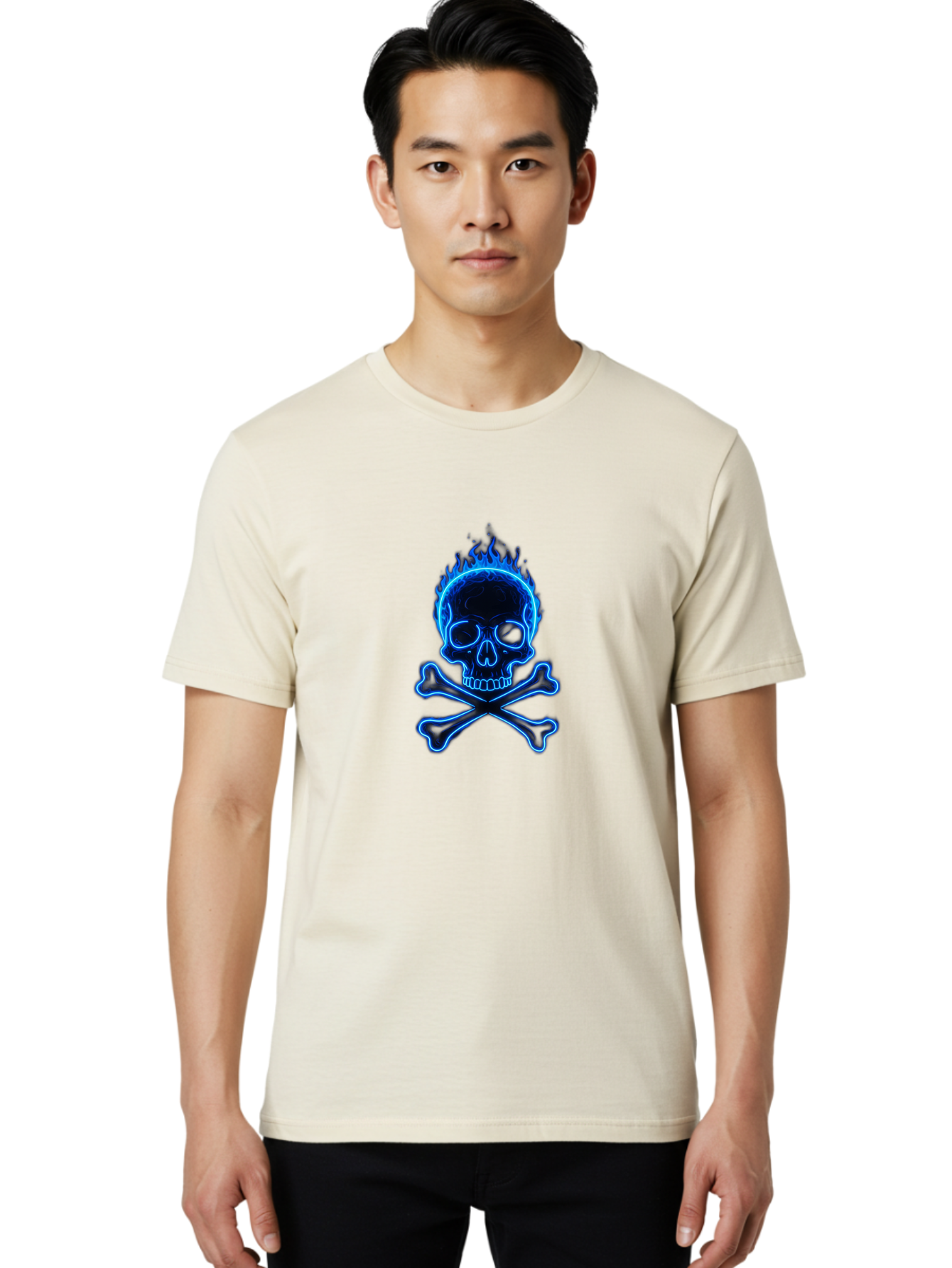 Flaming-Skull-And-Crossbones Men'S Graphic Tee, 100% Cotton, Comfortable Casual Summer Wear, Machine Washable, Skull And Crossbones, Danger Symbol, Death Sign, Pirate Flag, Toxic Warning, Hazardous Materials, Neon Effect, Glowing Blue, Bae177 19