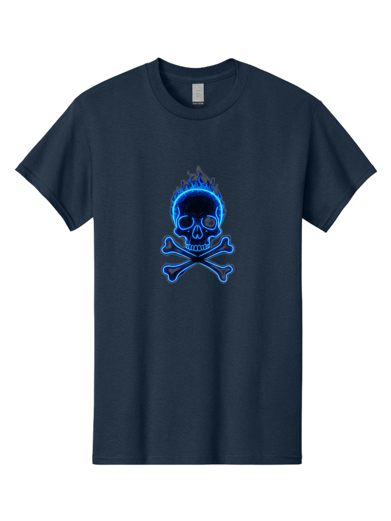 Flaming-Skull-And-Crossbones Men'S Graphic Tee, 100% Cotton, Comfortable Casual Summer Wear, Machine Washable, Skull And Crossbones, Danger Symbol, Death Sign, Pirate Flag, Toxic Warning, Hazardous Materials, Neon Effect, Glowing Blue, Bae177 10