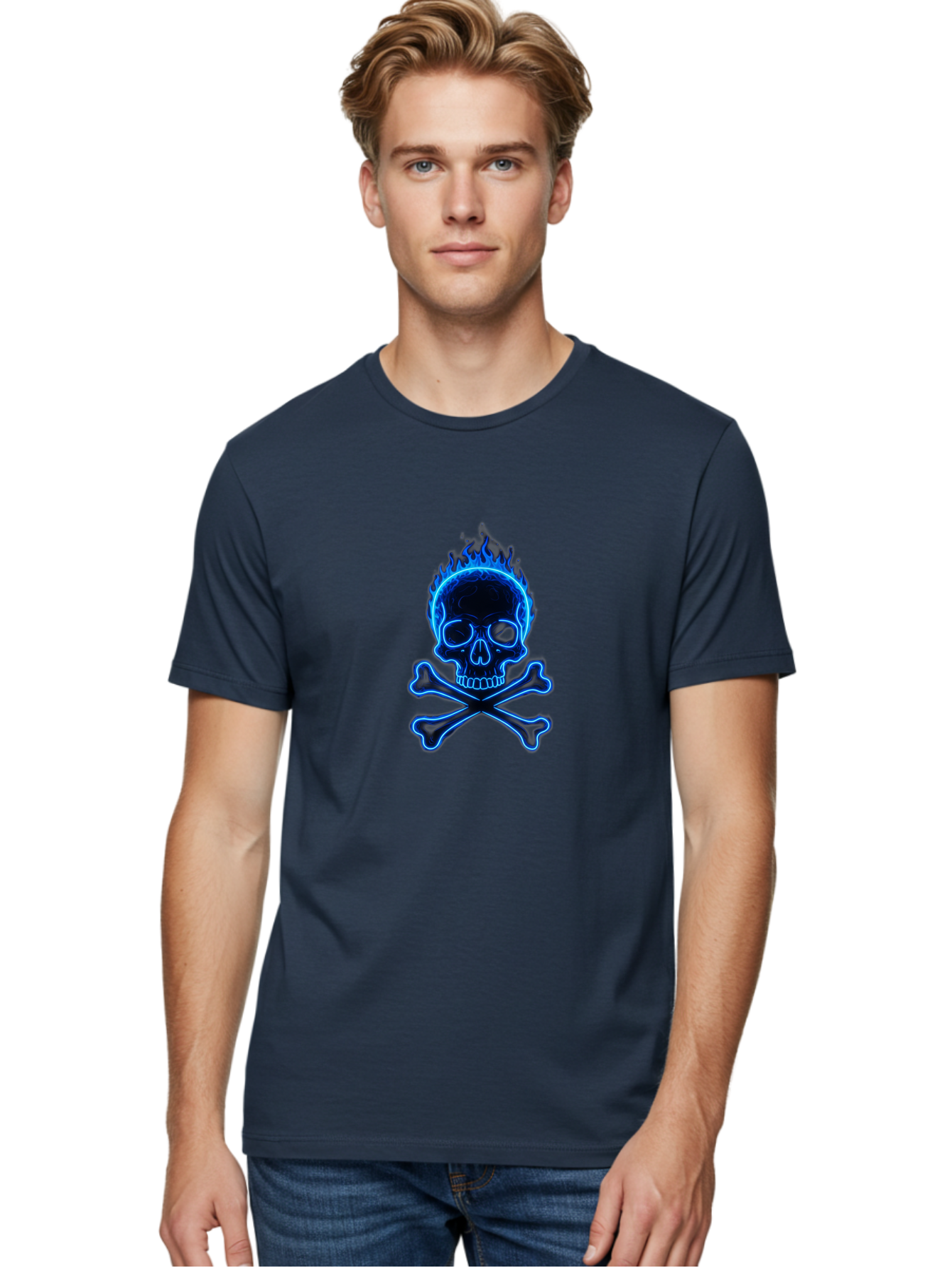 Flaming-Skull-And-Crossbones Men'S Graphic Tee, 100% Cotton, Comfortable Casual Summer Wear, Machine Washable, Skull And Crossbones, Danger Symbol, Death Sign, Pirate Flag, Toxic Warning, Hazardous Materials, Neon Effect, Glowing Blue, Bae177 25