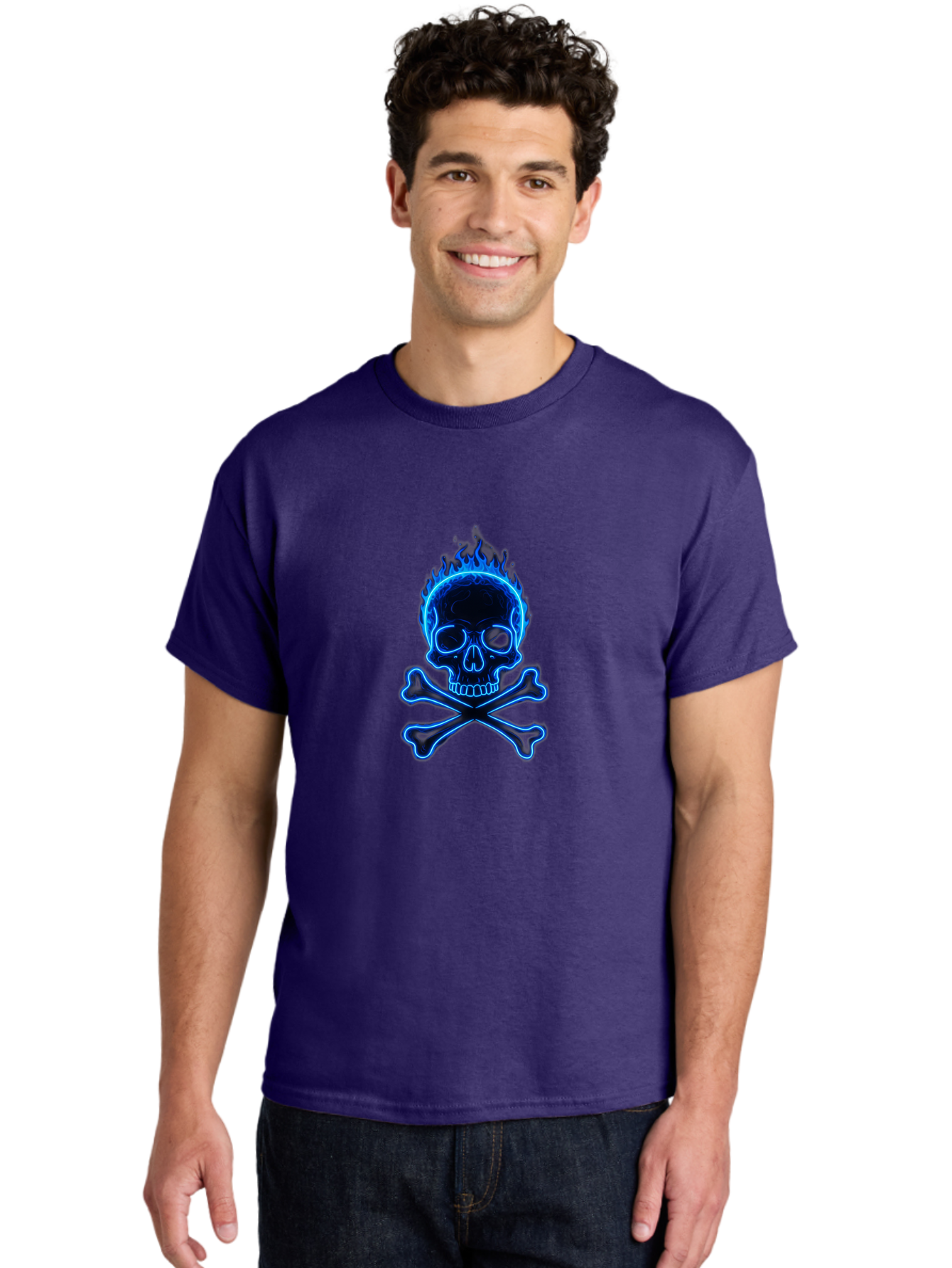 Flaming-Skull-And-Crossbones Men'S Graphic Tee, 100% Cotton, Comfortable Casual Summer Wear, Machine Washable, Skull And Crossbones, Danger Symbol, Death Sign, Pirate Flag, Toxic Warning, Hazardous Materials, Neon Effect, Glowing Blue, Bae177 28