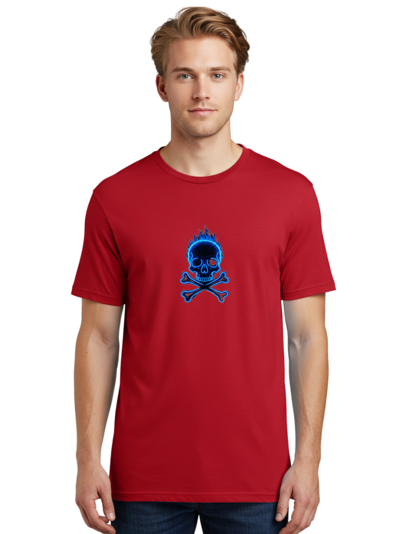 Flaming-Skull-And-Crossbones Men'S Graphic Tee, 100% Cotton, Comfortable Casual Summer Wear, Machine Washable, Skull And Crossbones, Danger Symbol, Death Sign, Pirate Flag, Toxic Warning, Hazardous Materials, Neon Effect, Glowing Blue, Bae177 29