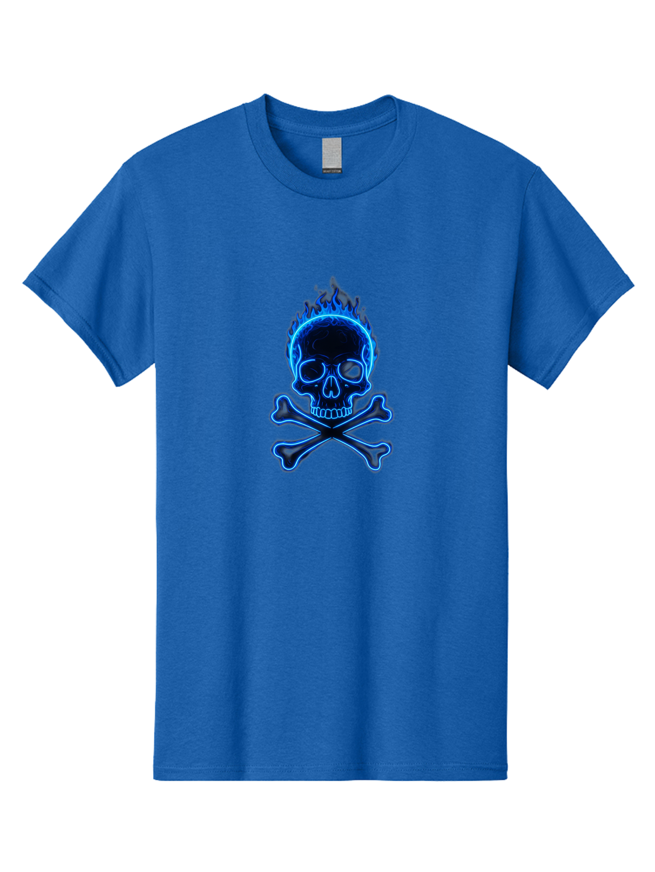 Flaming-Skull-And-Crossbones Men'S Graphic Tee, 100% Cotton, Comfortable Casual Summer Wear, Machine Washable, Skull And Crossbones, Danger Symbol, Death Sign, Pirate Flag, Toxic Warning, Hazardous Materials, Neon Effect, Glowing Blue, Bae177 11