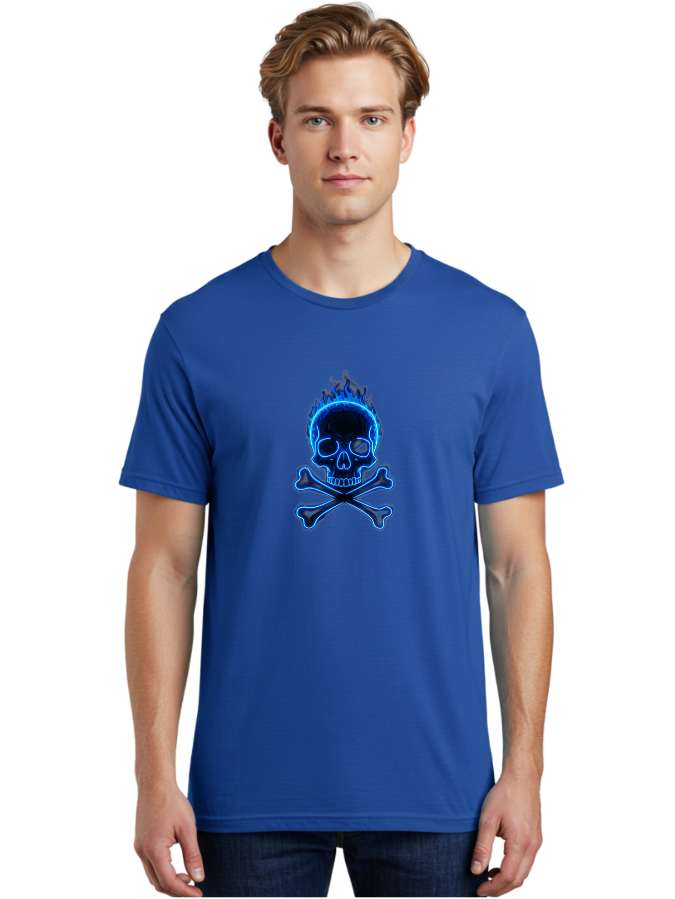 Flaming-Skull-And-Crossbones Men'S Graphic Tee, 100% Cotton, Comfortable Casual Summer Wear, Machine Washable, Skull And Crossbones, Danger Symbol, Death Sign, Pirate Flag, Toxic Warning, Hazardous Materials, Neon Effect, Glowing Blue, Bae177 26