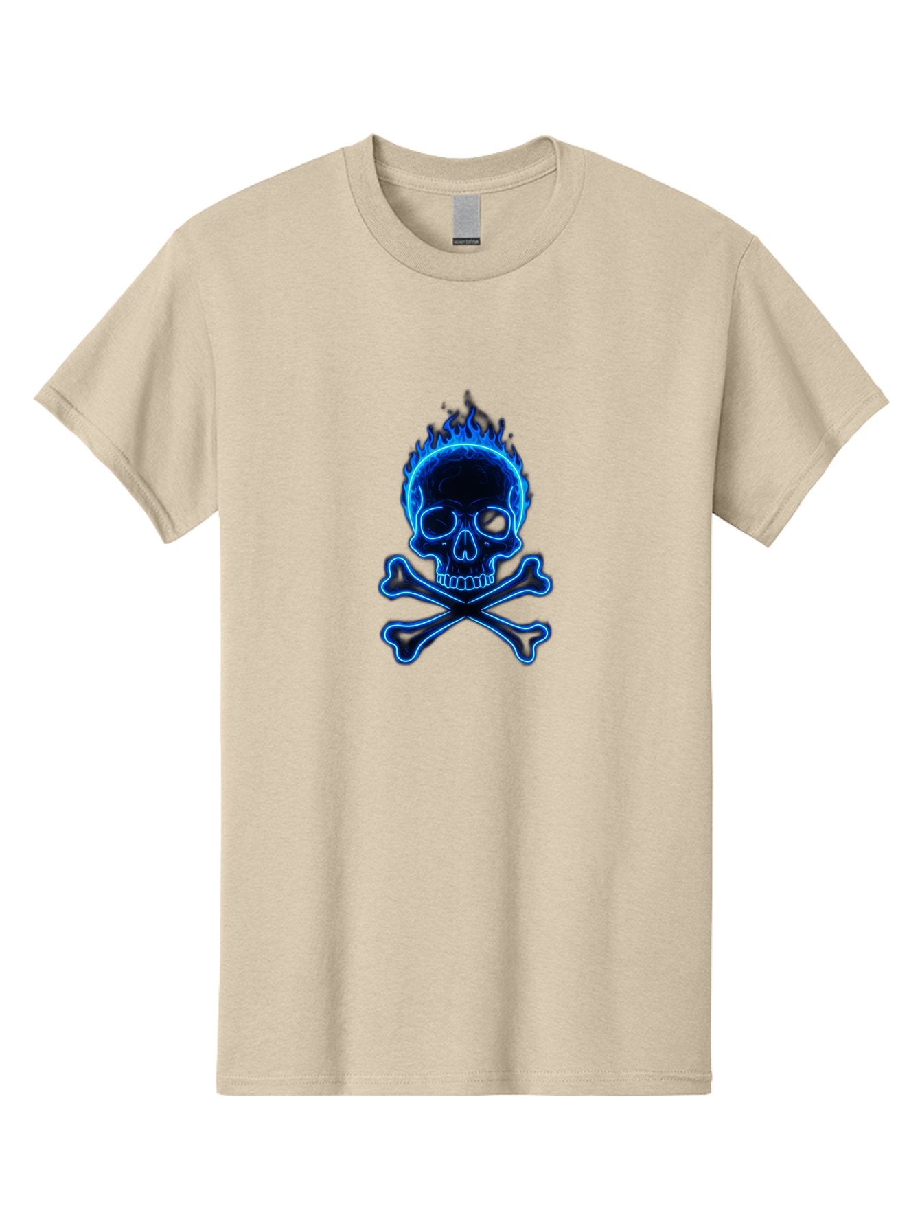 Flaming-Skull-And-Crossbones Men'S Graphic Tee, 100% Cotton, Comfortable Casual Summer Wear, Machine Washable, Skull And Crossbones, Danger Symbol, Death Sign, Pirate Flag, Toxic Warning, Hazardous Materials, Neon Effect, Glowing Blue, Bae177 15