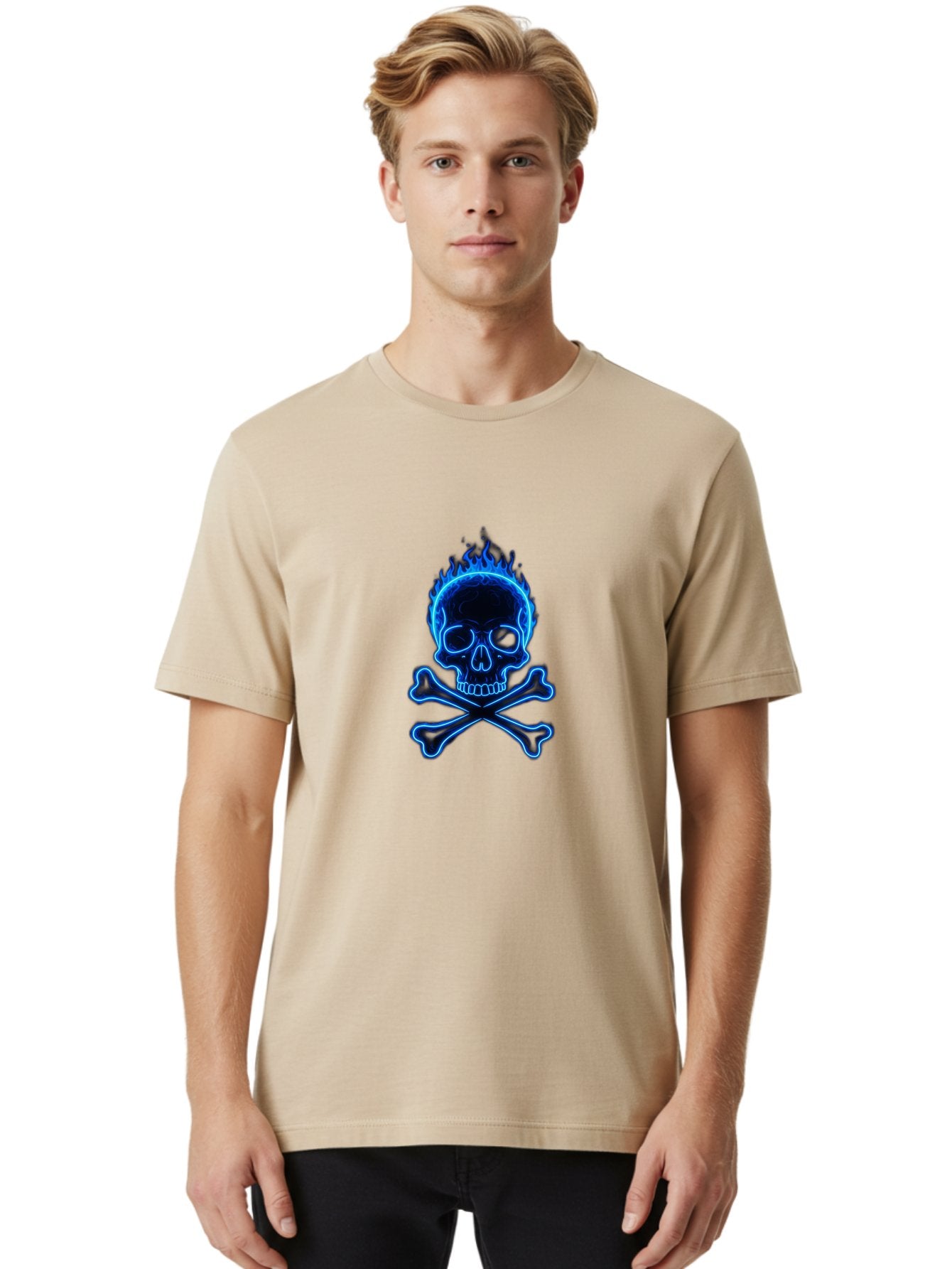 Flaming-Skull-And-Crossbones Men'S Graphic Tee, 100% Cotton, Comfortable Casual Summer Wear, Machine Washable, Skull And Crossbones, Danger Symbol, Death Sign, Pirate Flag, Toxic Warning, Hazardous Materials, Neon Effect, Glowing Blue, Bae177 30