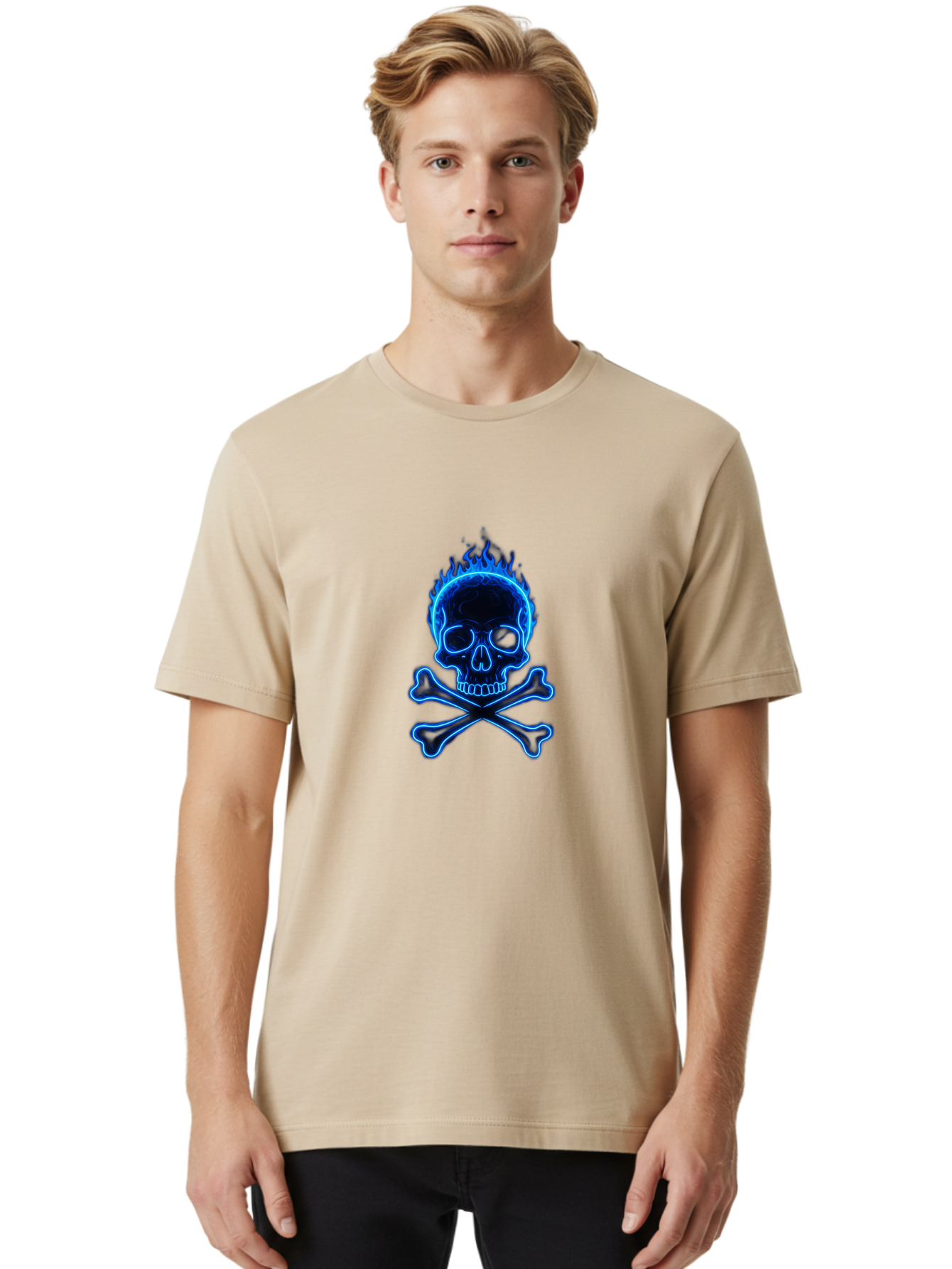 Flaming-Skull-And-Crossbones Men'S Graphic Tee, 100% Cotton, Comfortable Casual Summer Wear, Machine Washable, Skull And Crossbones, Danger Symbol, Death Sign, Pirate Flag, Toxic Warning, Hazardous Materials, Neon Effect, Glowing Blue, Bae177 16