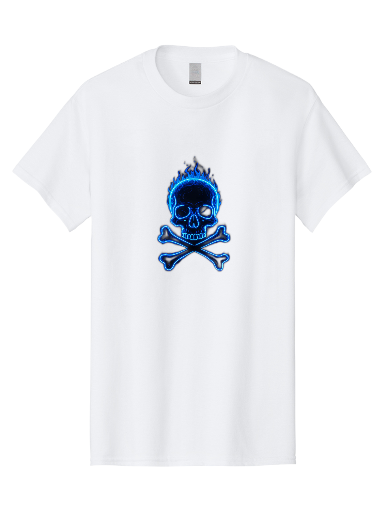 Flaming-Skull-And-Crossbones Men'S Graphic Tee, 100% Cotton, Comfortable Casual Summer Wear, Machine Washable, Skull And Crossbones, Danger Symbol, Death Sign, Pirate Flag, Toxic Warning, Hazardous Materials, Neon Effect, Glowing Blue, Bae177 7