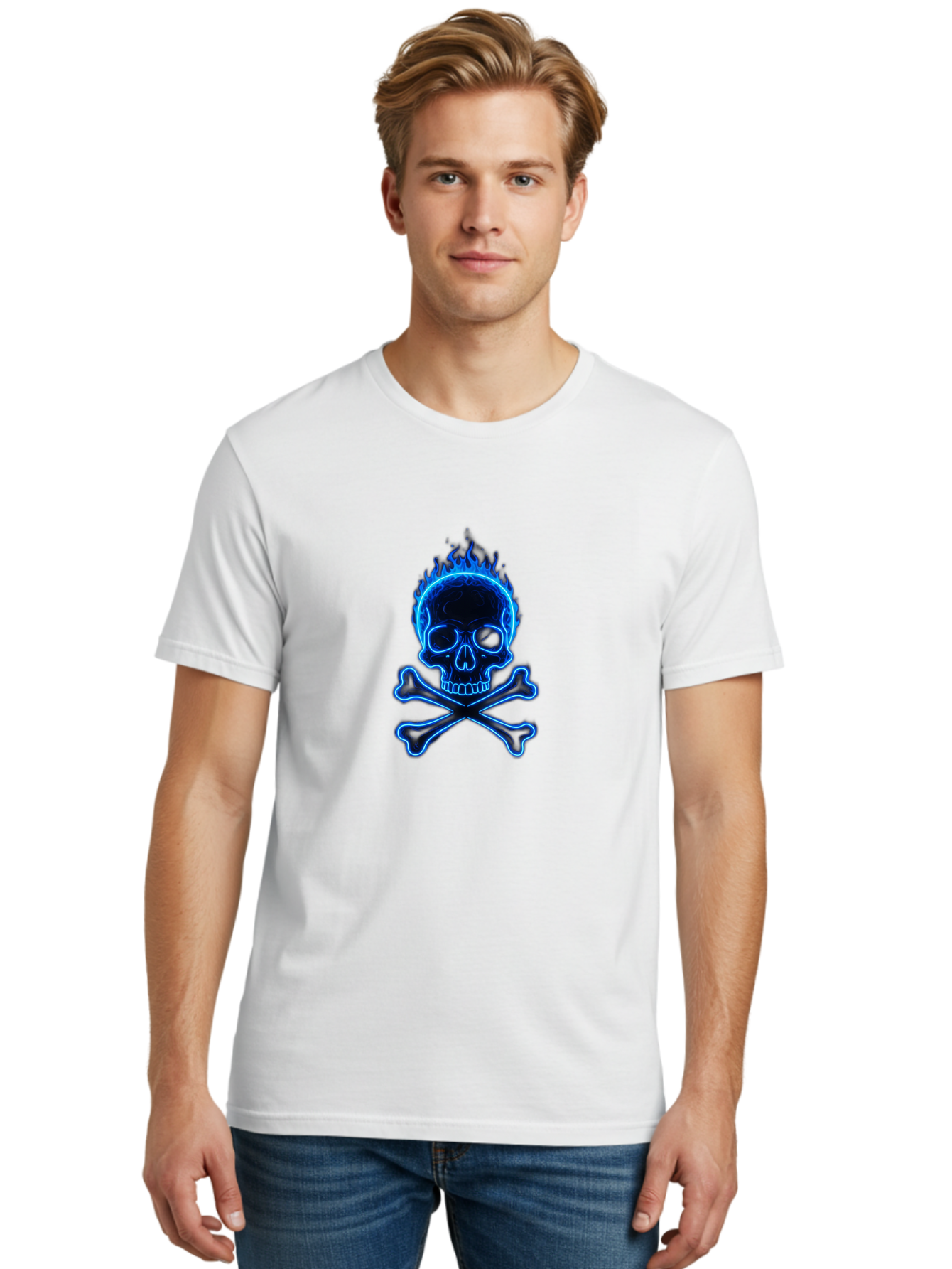 Flaming-Skull-And-Crossbones Men'S Graphic Tee, 100% Cotton, Comfortable Casual Summer Wear, Machine Washable, Skull And Crossbones, Danger Symbol, Death Sign, Pirate Flag, Toxic Warning, Hazardous Materials, Neon Effect, Glowing Blue, Bae177 22