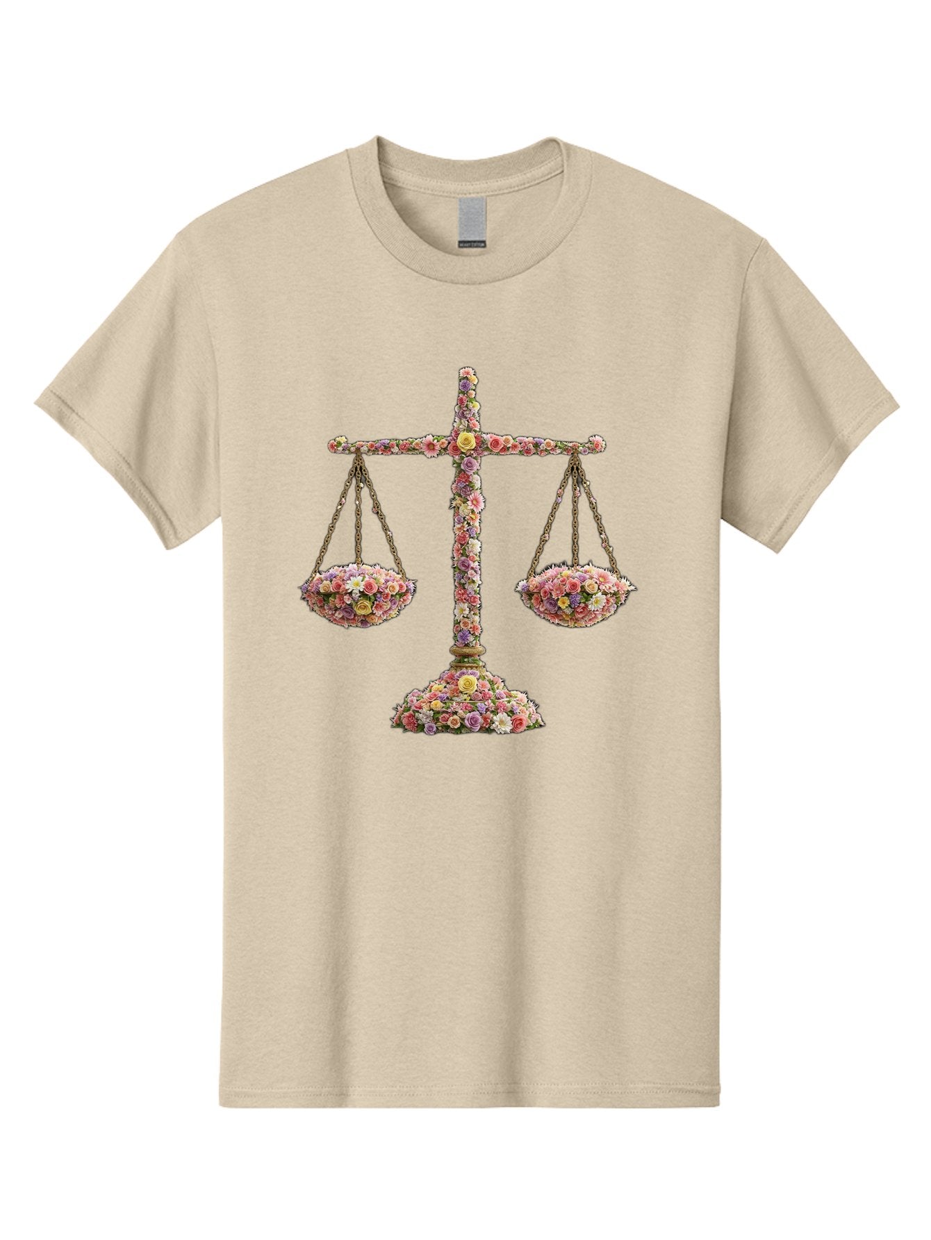 Floral-Scales Men'S Graphic Tee, 100% Cotton, Comfortable Casual Summer Wear, Machine Washable, Scale With Flowers, Floral Arrangement, Balance And Harmony, Beautiful Bouquet, Pastel Colors, Delicate Petals, Symmetry, Equilibrium Bae178 4