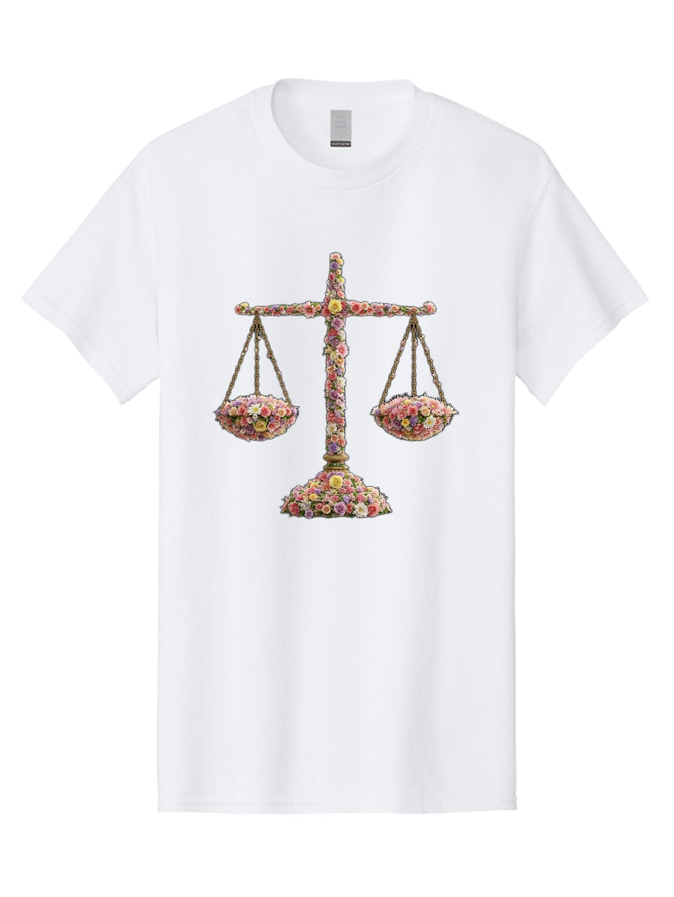 Floral-Scales Men'S Graphic Tee, 100% Cotton, Comfortable Casual Summer Wear, Machine Washable, Scale With Flowers, Floral Arrangement, Balance And Harmony, Beautiful Bouquet, Pastel Colors, Delicate Petals, Symmetry, Equilibrium Bae178 5