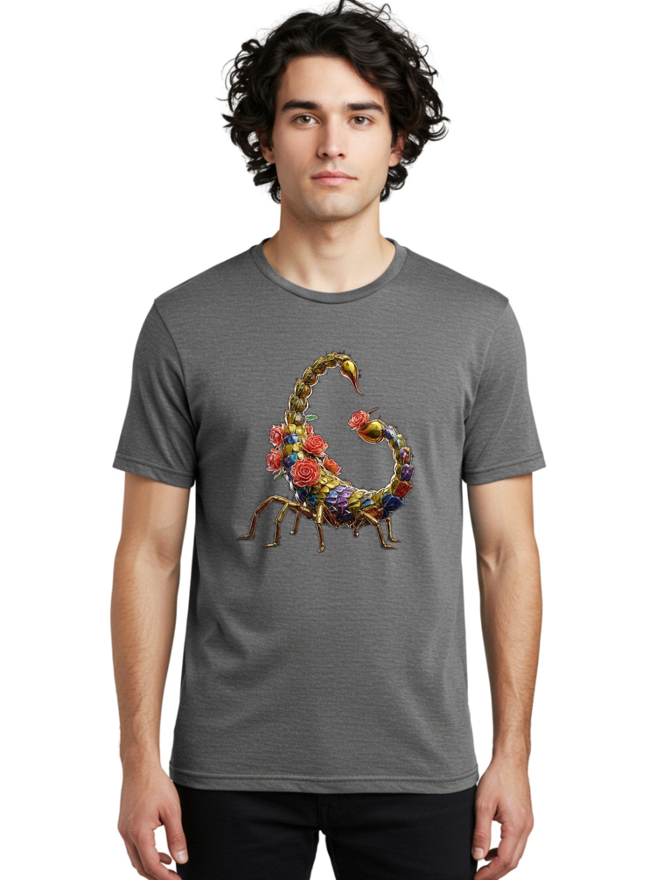 Floral-Scorpion Men'S Graphic Tee, 100% Cotton, Comfortable Casual Summer Wear, Machine Washable, Scorpion Adorned With Flowers, Floral Pattern, Red Roses, Blue Flowers, Gold Accents, Ornate Design, Symbolic Representation, Mystical Creature, Bae179 22