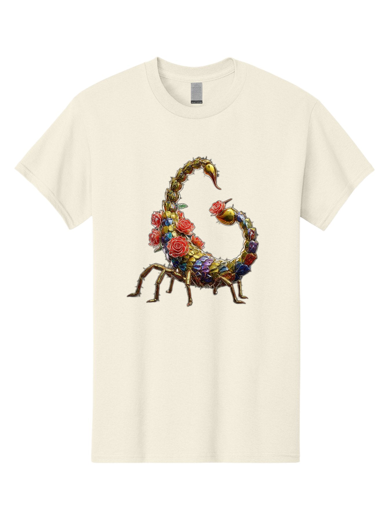Floral-Scorpion Men'S Graphic Tee, 100% Cotton, Comfortable Casual Summer Wear, Machine Washable, Scorpion Adorned With Flowers, Floral Pattern, Red Roses, Blue Flowers, Gold Accents, Ornate Design, Symbolic Representation, Mystical Creature, Bae179