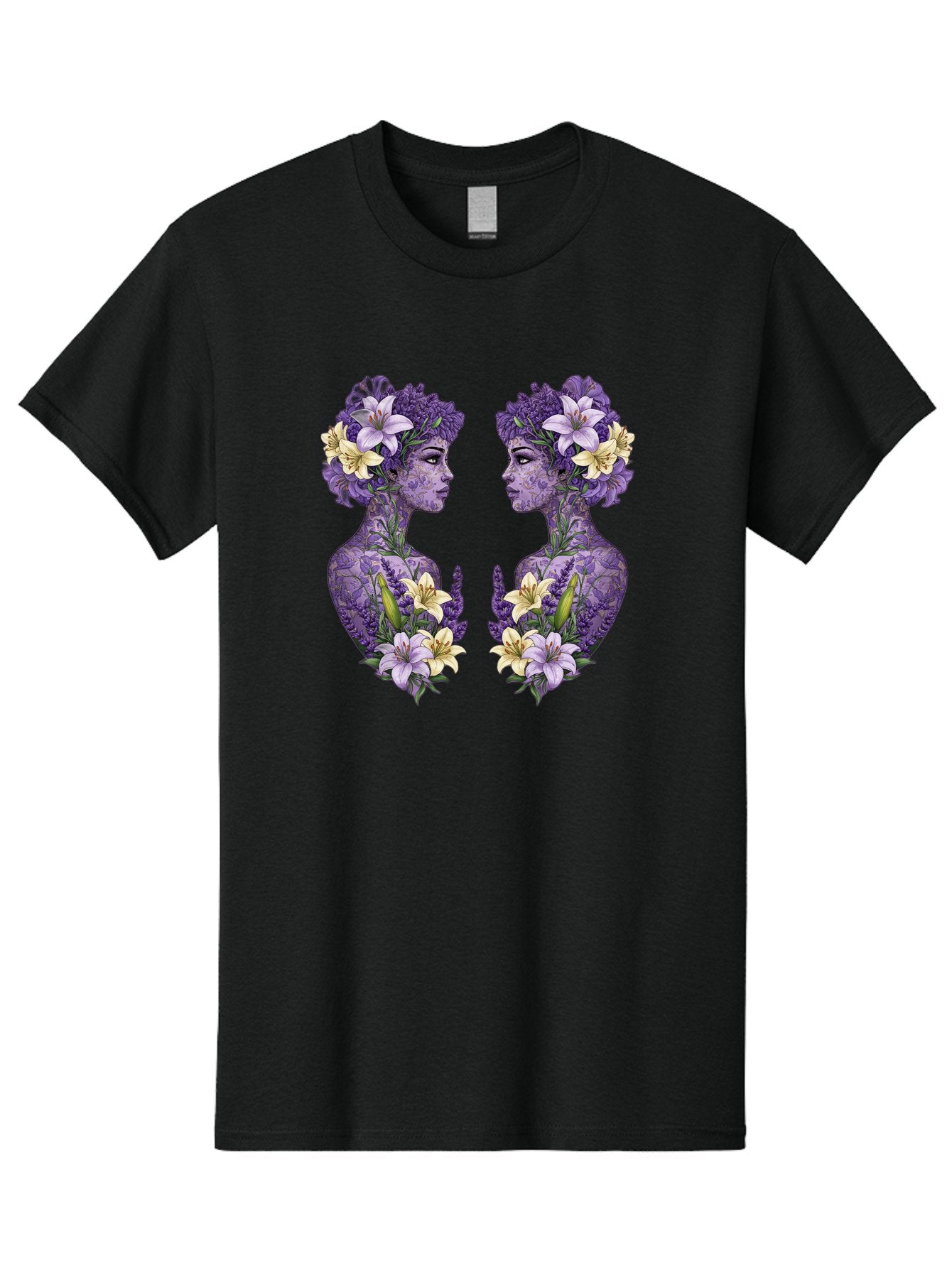 Floral-Twin-Profiles Men'S Graphic Tee, 100% Cotton, Comfortable Casual Summer Wear, Machine Washable, Female Profiles, Floral Crowns, Lilies, Lavender, Purple Flowers, Body Art, Nature-Inspired Design, Symbolic Imagery, Purple Tones, Bae180 8