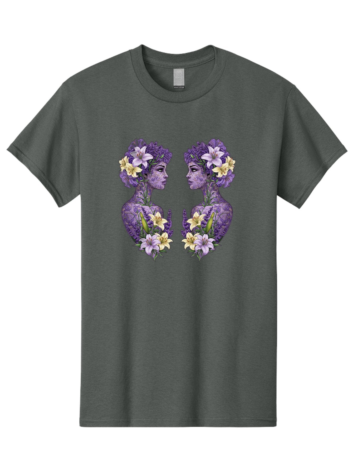 Floral-Twin-Profiles Men'S Graphic Tee, 100% Cotton, Comfortable Casual Summer Wear, Machine Washable, Female Profiles, Floral Crowns, Lilies, Lavender, Purple Flowers, Body Art, Nature-Inspired Design, Symbolic Imagery, Purple Tones, Bae180 11