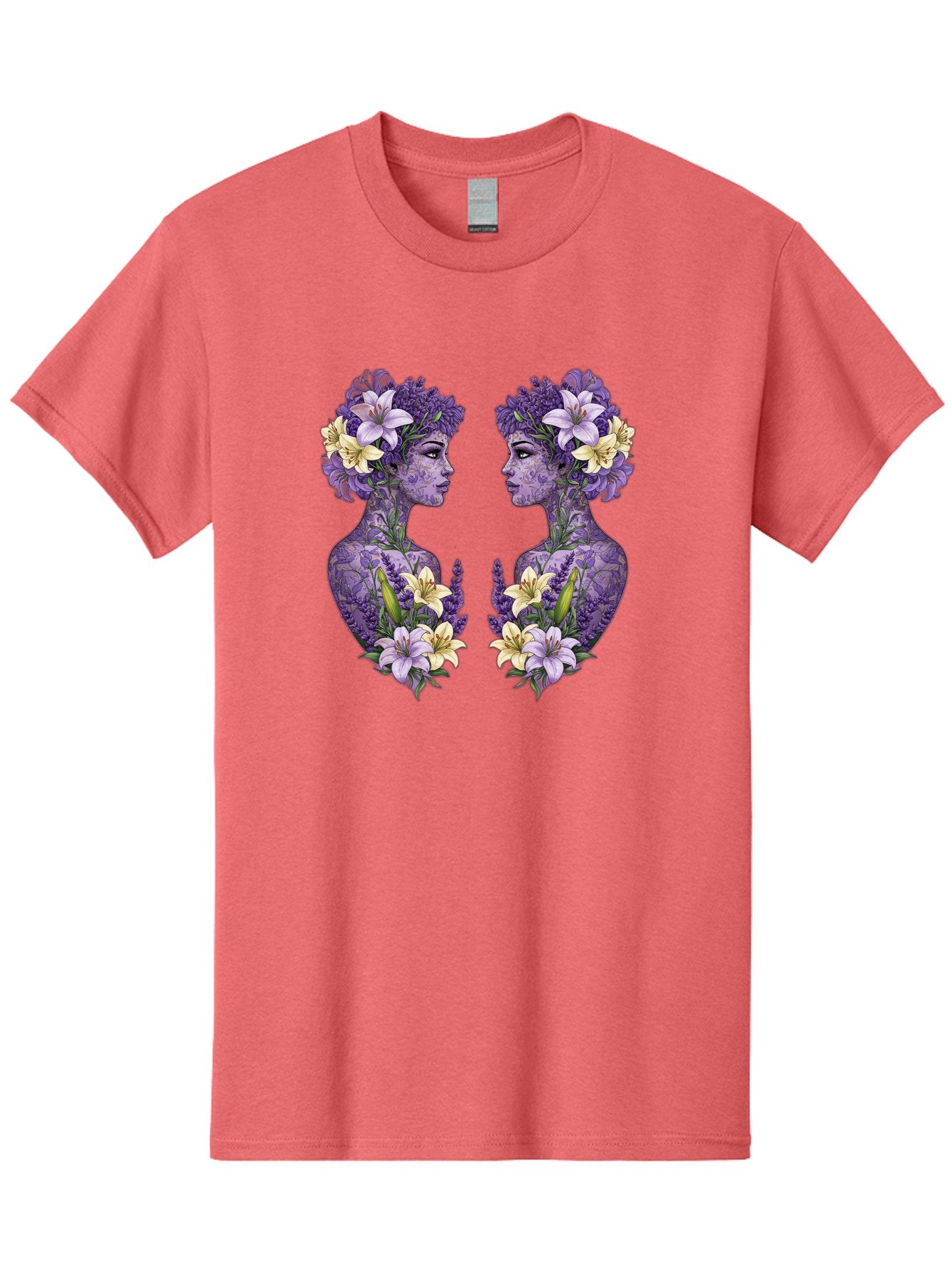 Floral-Twin-Profiles Men'S Graphic Tee, 100% Cotton, Comfortable Casual Summer Wear, Machine Washable, Female Profiles, Floral Crowns, Lilies, Lavender, Purple Flowers, Body Art, Nature-Inspired Design, Symbolic Imagery, Purple Tones, Bae180 12