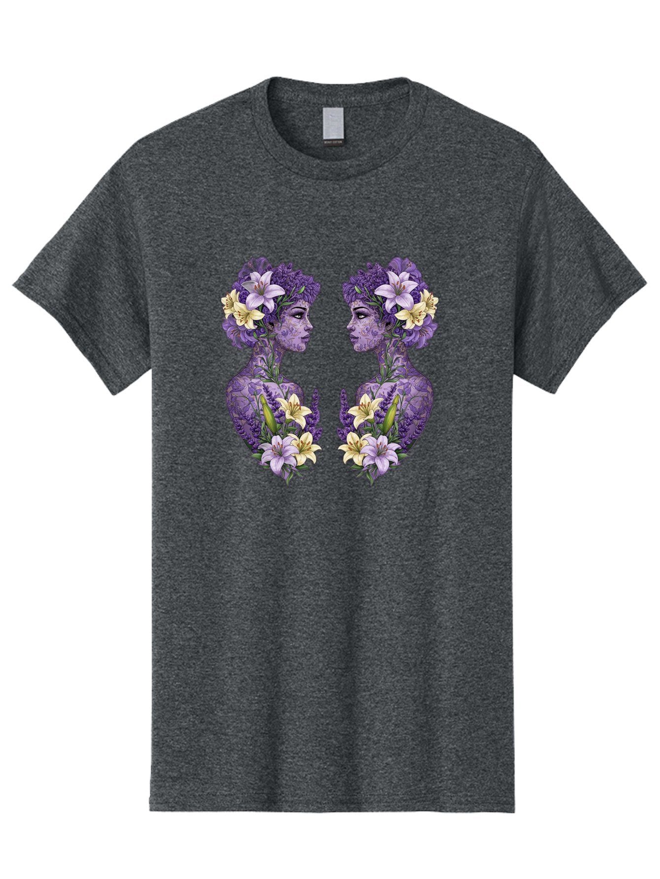 Floral-Twin-Profiles Men'S Graphic Tee, 100% Cotton, Comfortable Casual Summer Wear, Machine Washable, Female Profiles, Floral Crowns, Lilies, Lavender, Purple Flowers, Body Art, Nature-Inspired Design, Symbolic Imagery, Purple Tones, Bae180 10